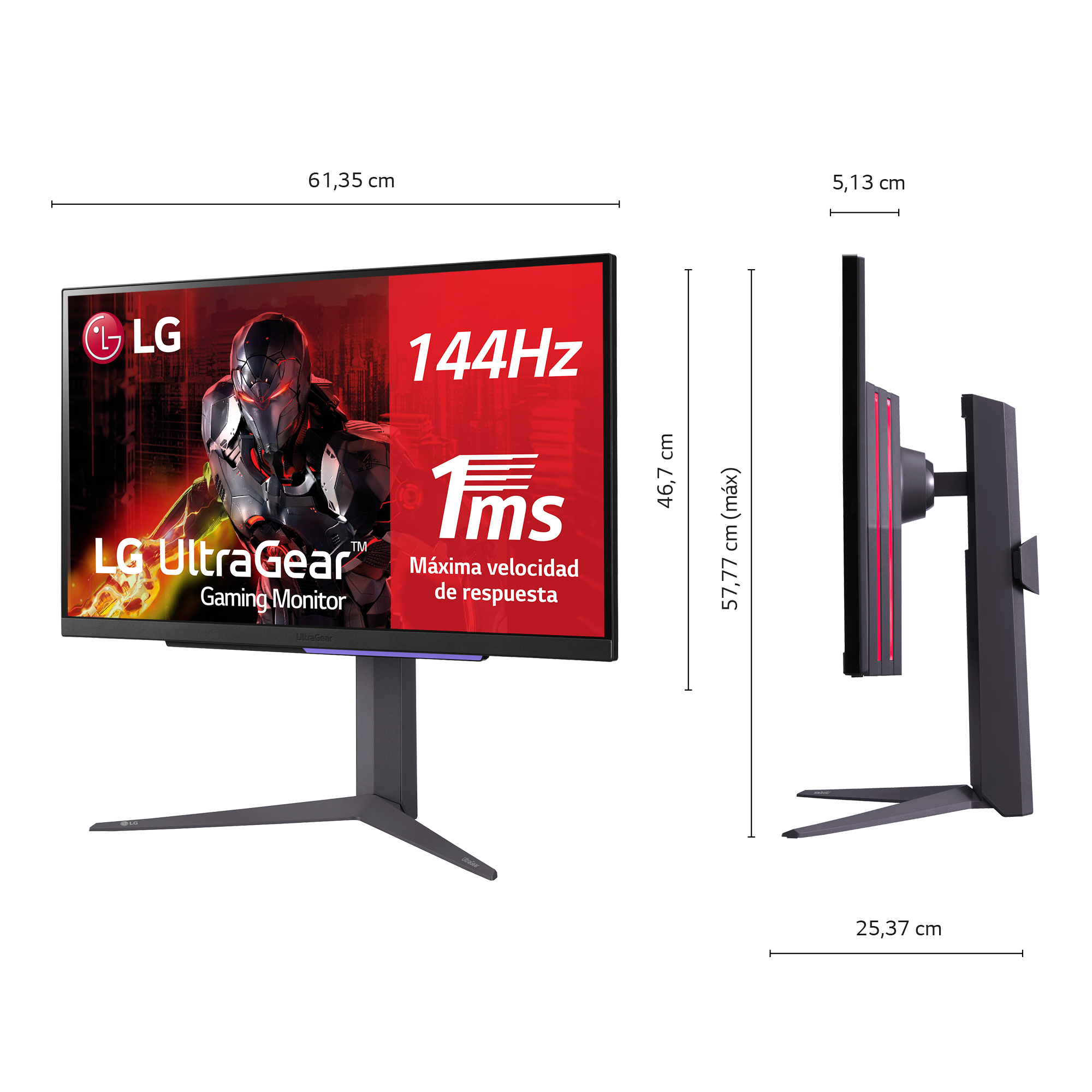 Monitor gaming LG con dimensiones. Pantalla muestra personaje de juego, 144Hz y 1ms. El soporte es gris oscuro.