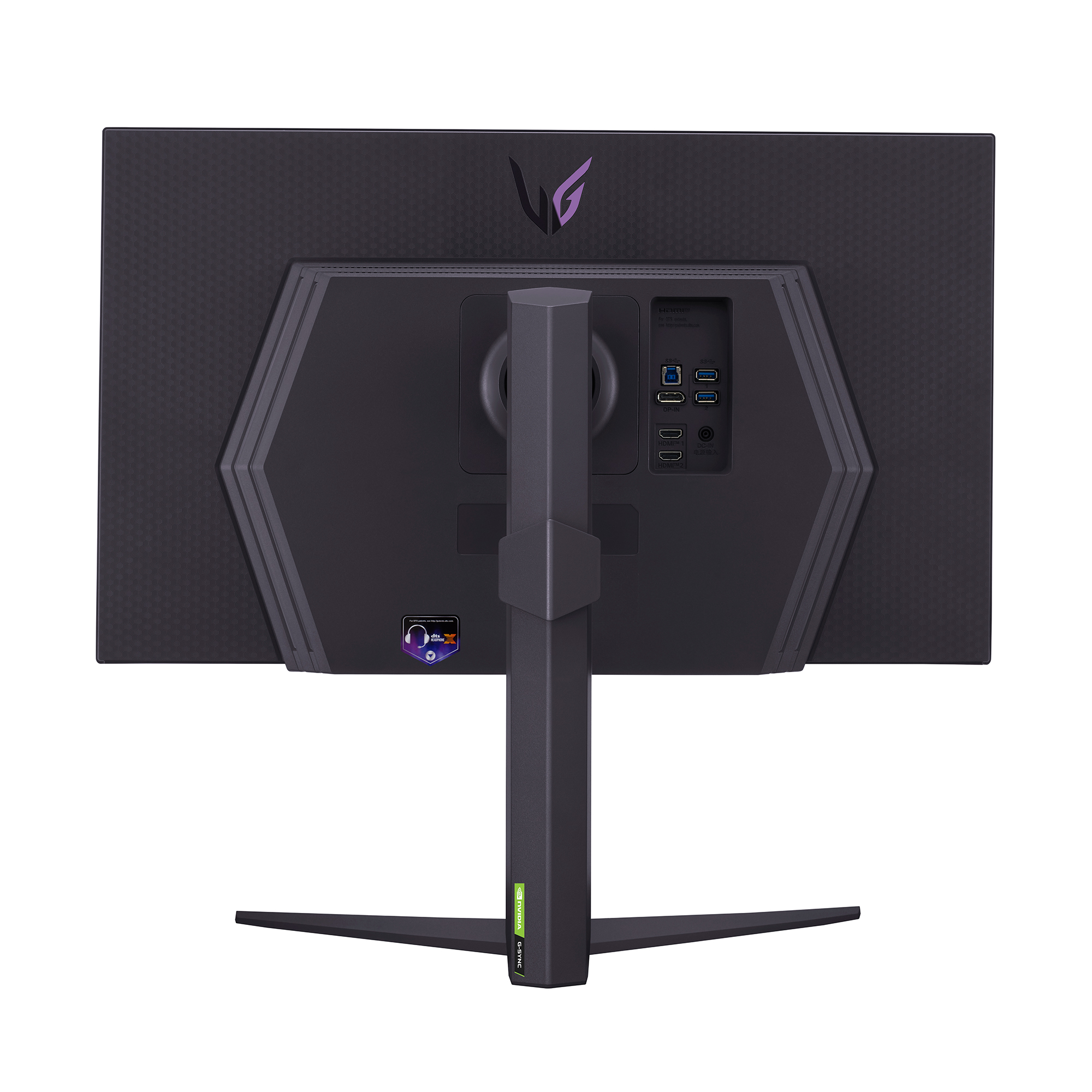 Parte trasera de monitor negro. Puertos y soporte visibles. Logo morado en el centro superior. Fondo gris oscuro.