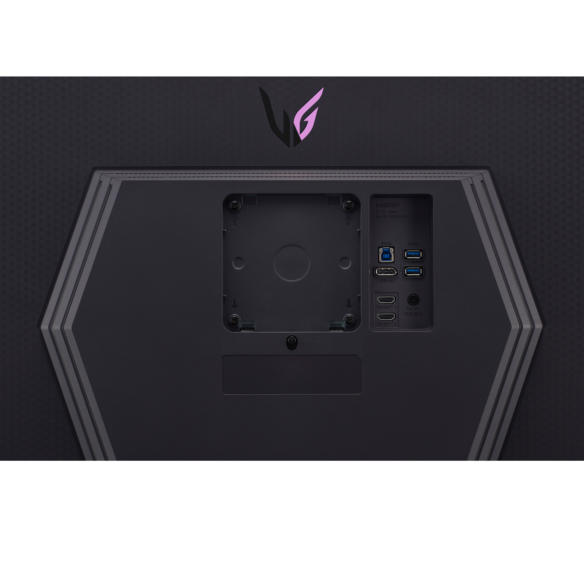 La parte trasera de un monitor negro muestra puertos para HDMI, USB y DisplayPort, con un logotipo de LG.