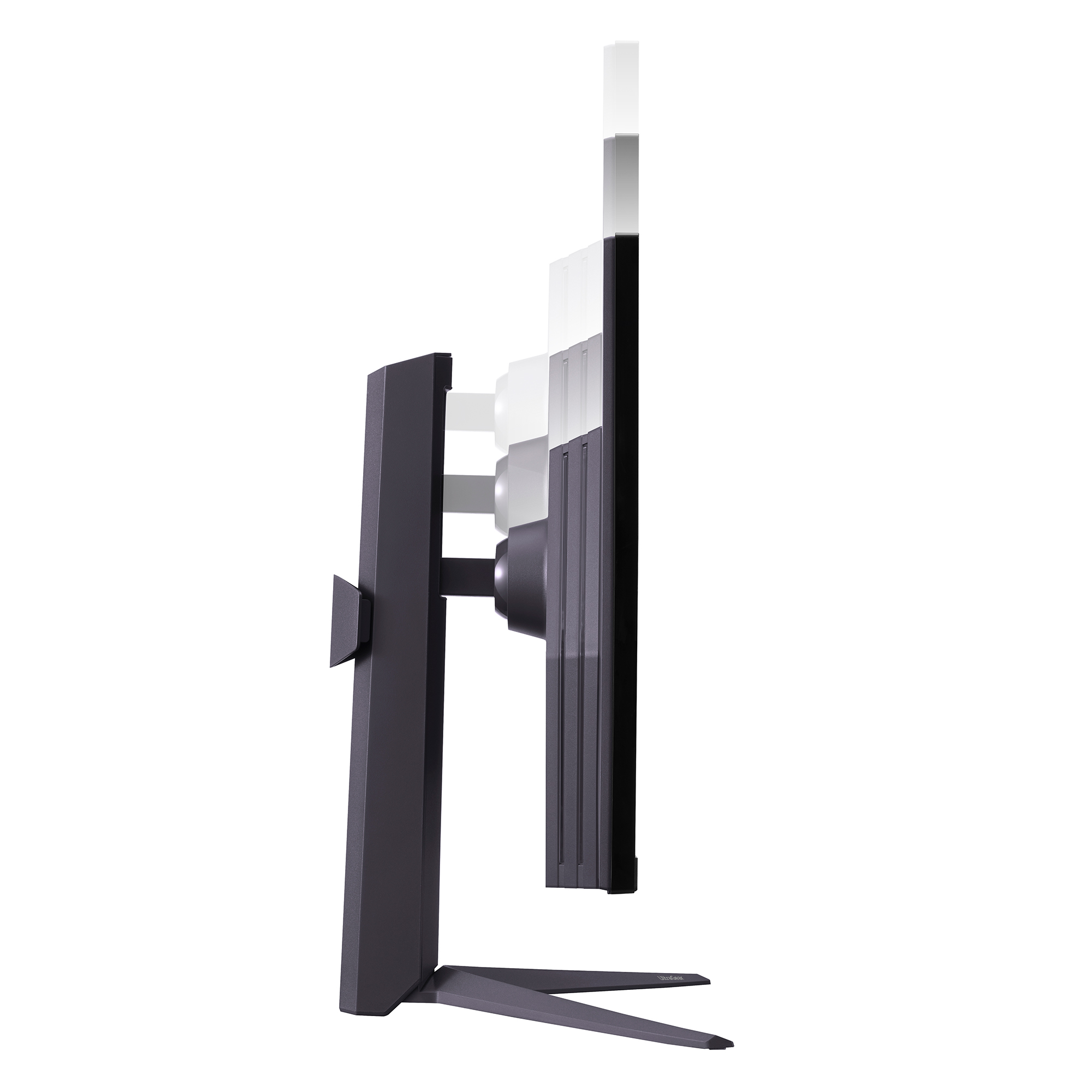 Un monitor de computadora negro con un soporte, visto de lado.