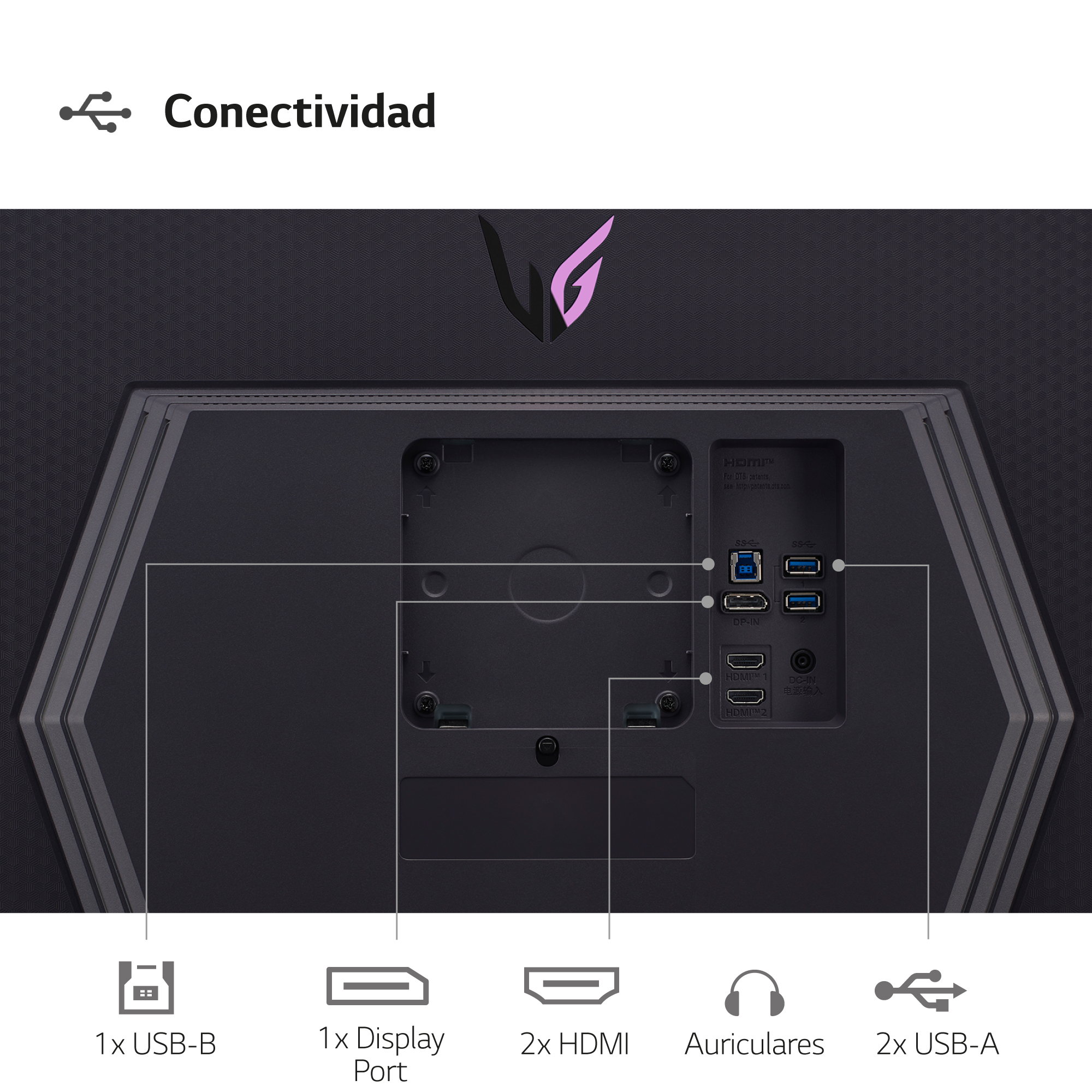 Vista trasera de un monitor negro con puertos: USB, HDMI, DisplayPort, audio.