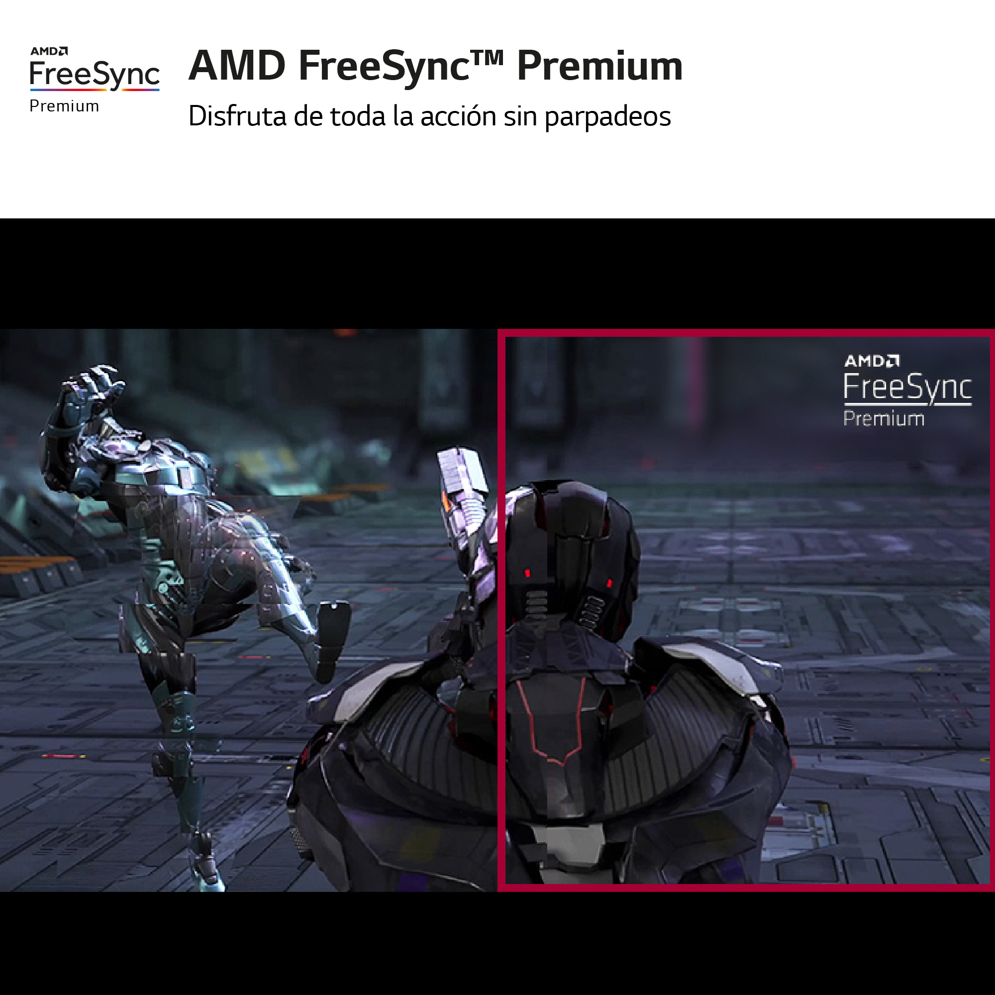 Dos personajes en una escena de videojuego. El logo de AMD FreeSync está en la esquina superior izquierda.
