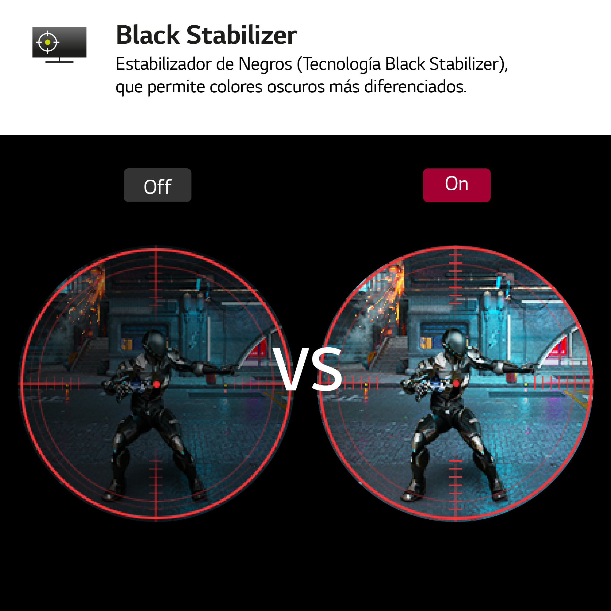 Comparación de la función Black Stabilizer, que muestra una escena de juego con los modos 'Off' y 'On'.