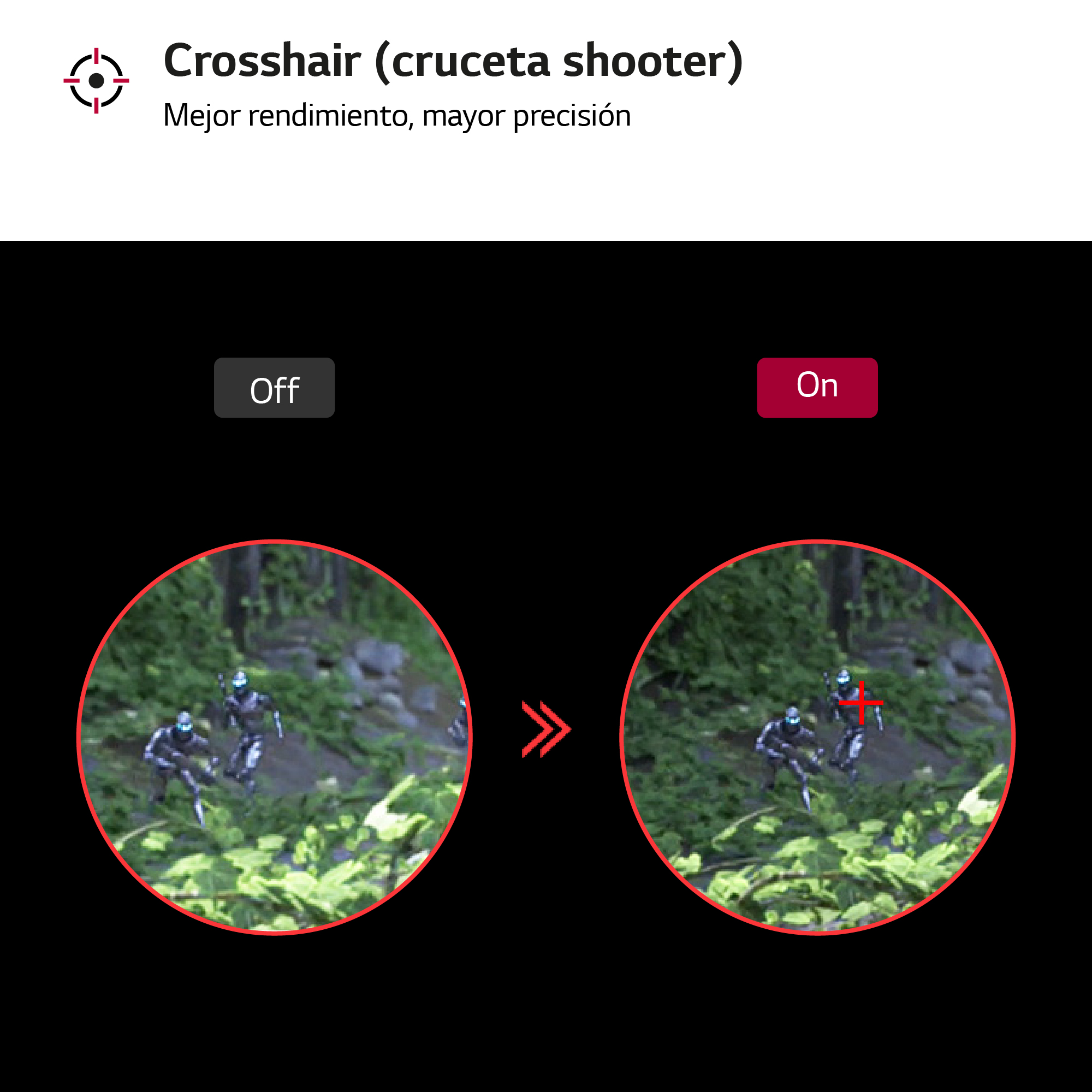 Comparación de la mira desactivada y activada, con una mira roja en estado activado.