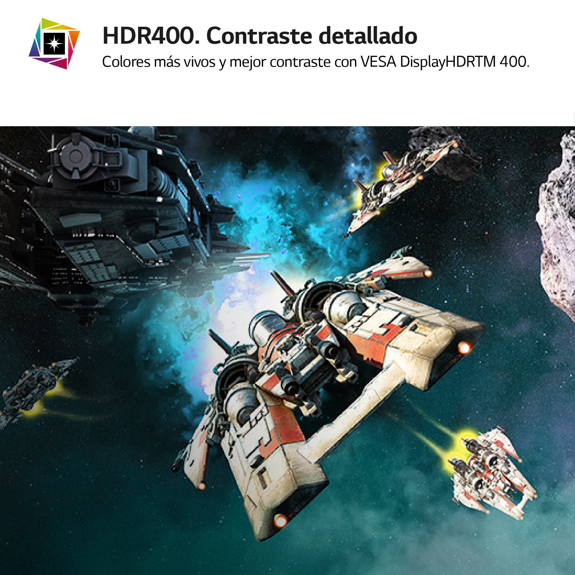 Naves espaciales en el espacio, con texto HDR400 y un logotipo.