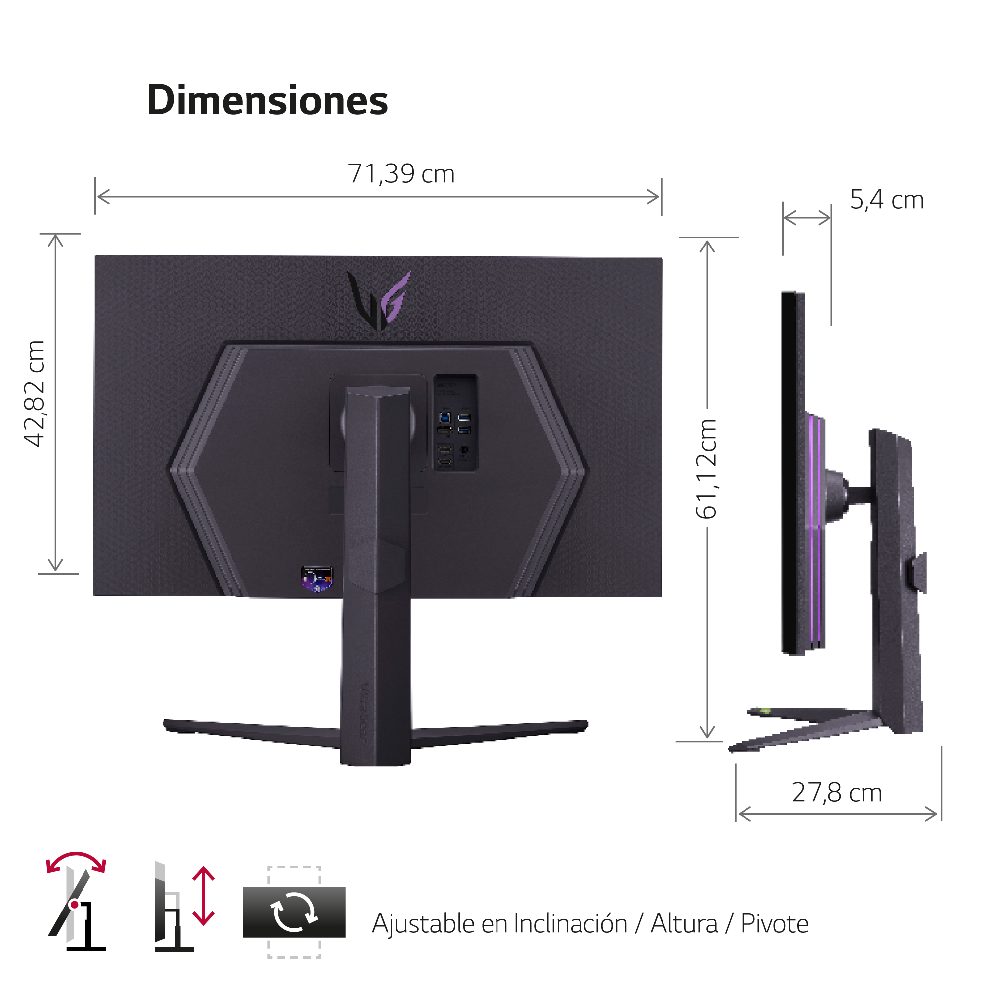 Vista trasera y lateral de un monitor de ordenador negro con dimensiones.