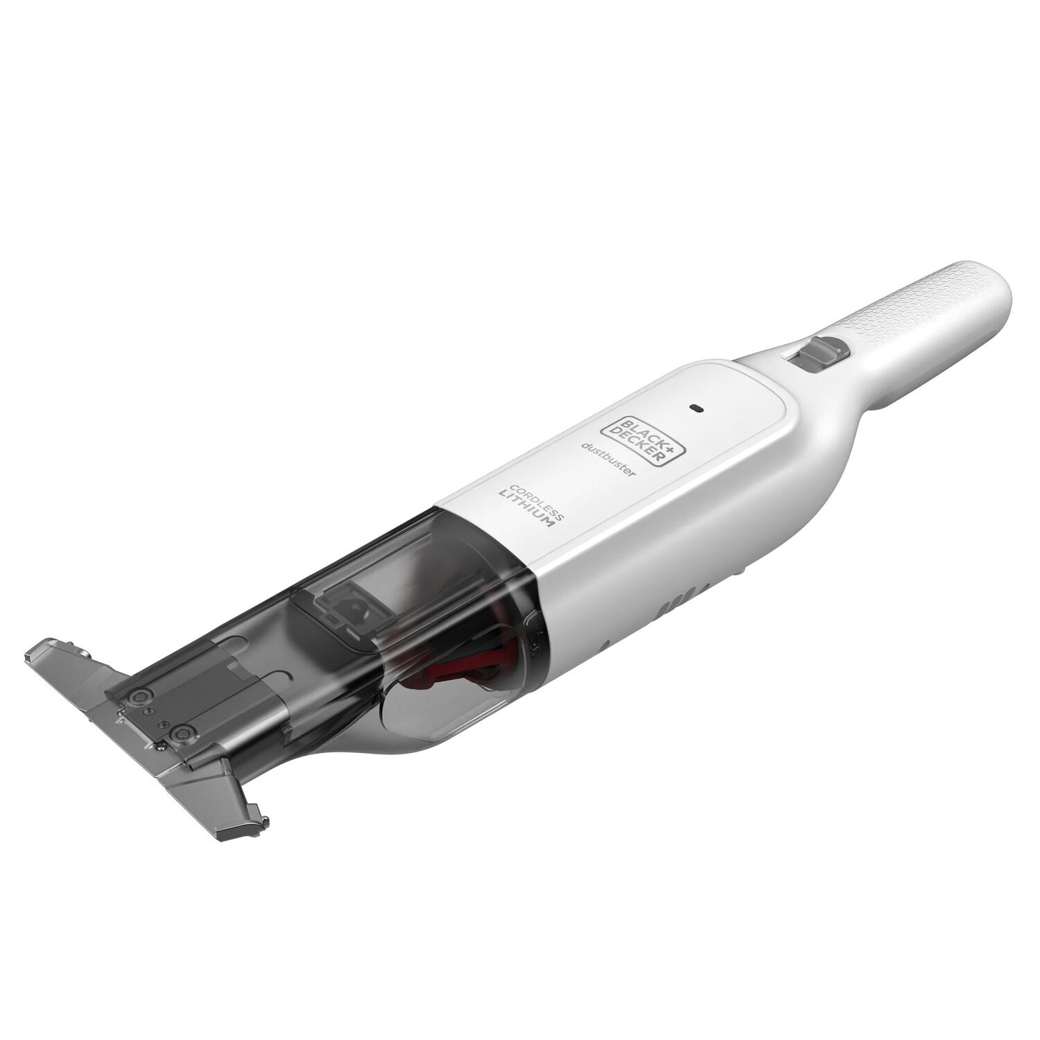 A white and gray handheld vacuum cleaner. The vacuum is cordless and has a clear dust container.