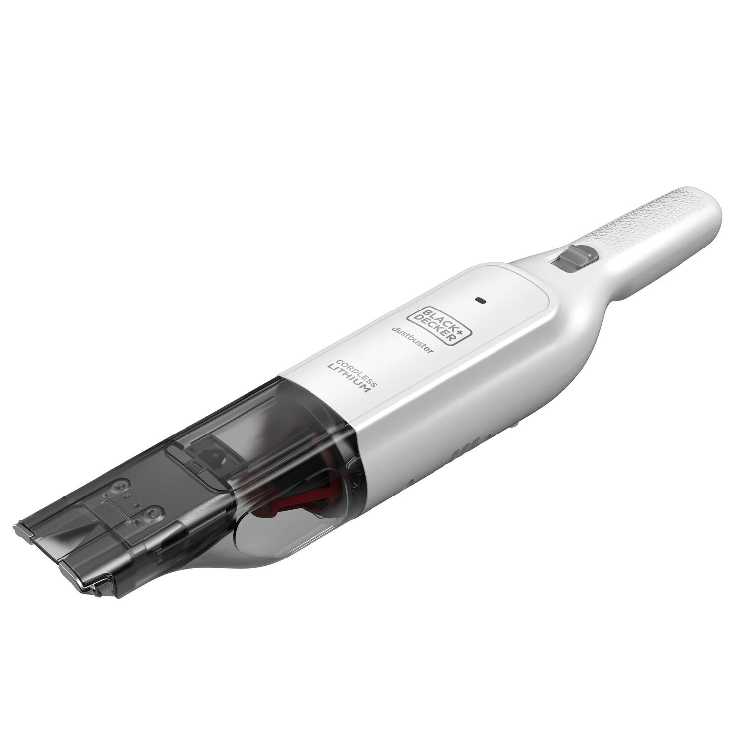 A white handheld vacuum cleaner on a white background. It has a dust container and a nozzle.