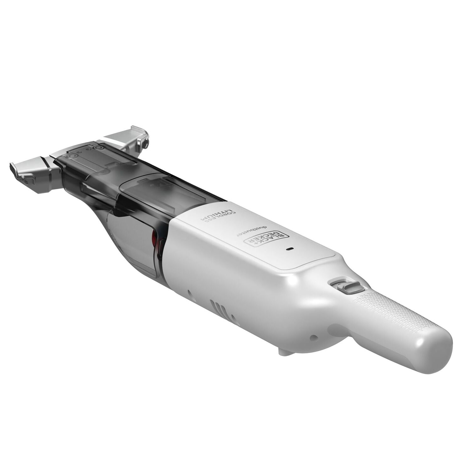 White and gray cordless handheld vacuum cleaner, angled to the right.