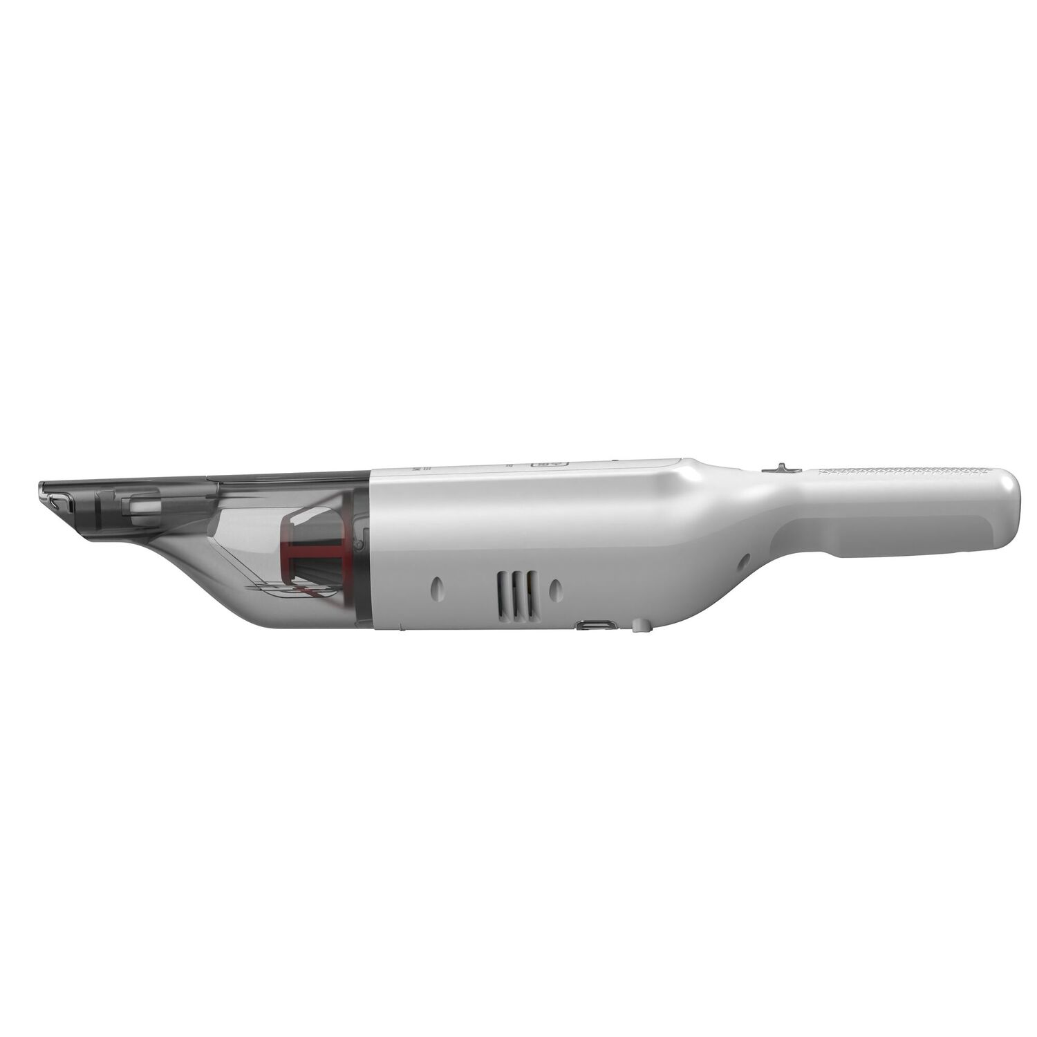 A white vacuum cleaner lying flat on a surface, side view.
