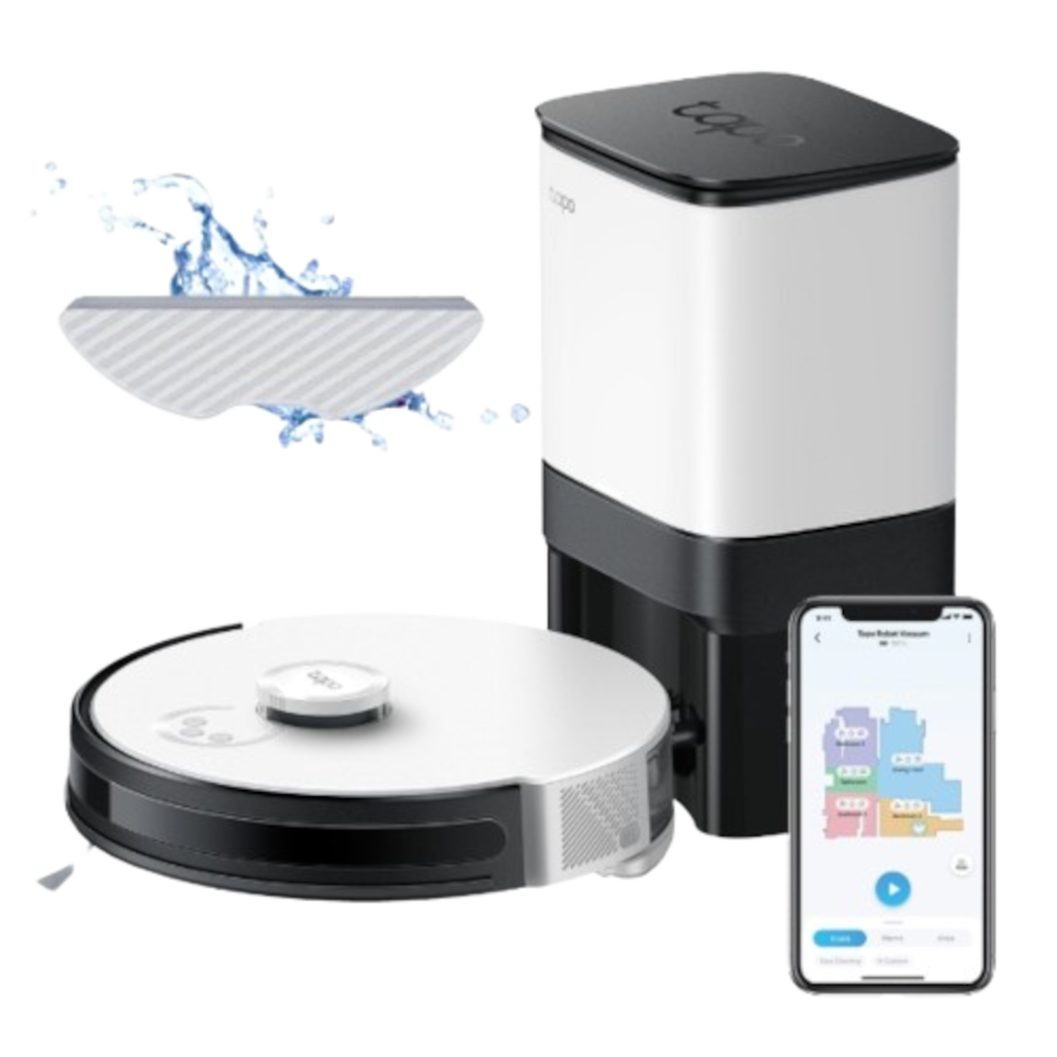 Aspirateur robot Tapo et sa station de charge. Un téléphone affiche la carte du sol.