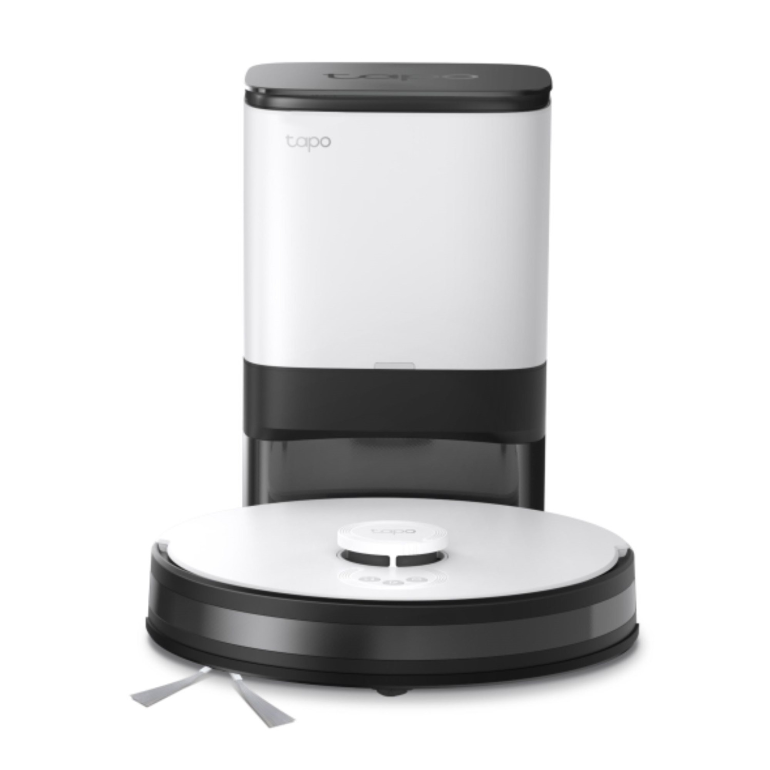 Un aspirateur robot blanc et noir avec une station de charge. Le nettoyeur est sur une surface blanche.