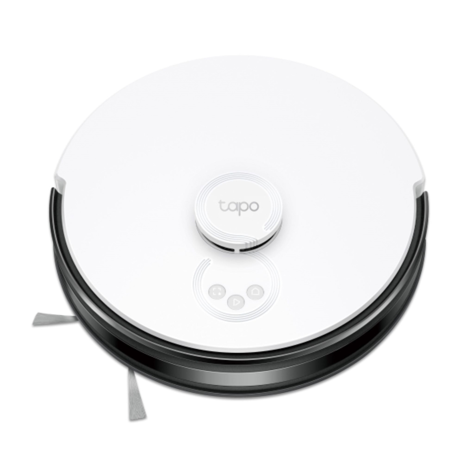 Un aspirateur robot rond blanc sur fond blanc. Il a des boutons et des brosses.