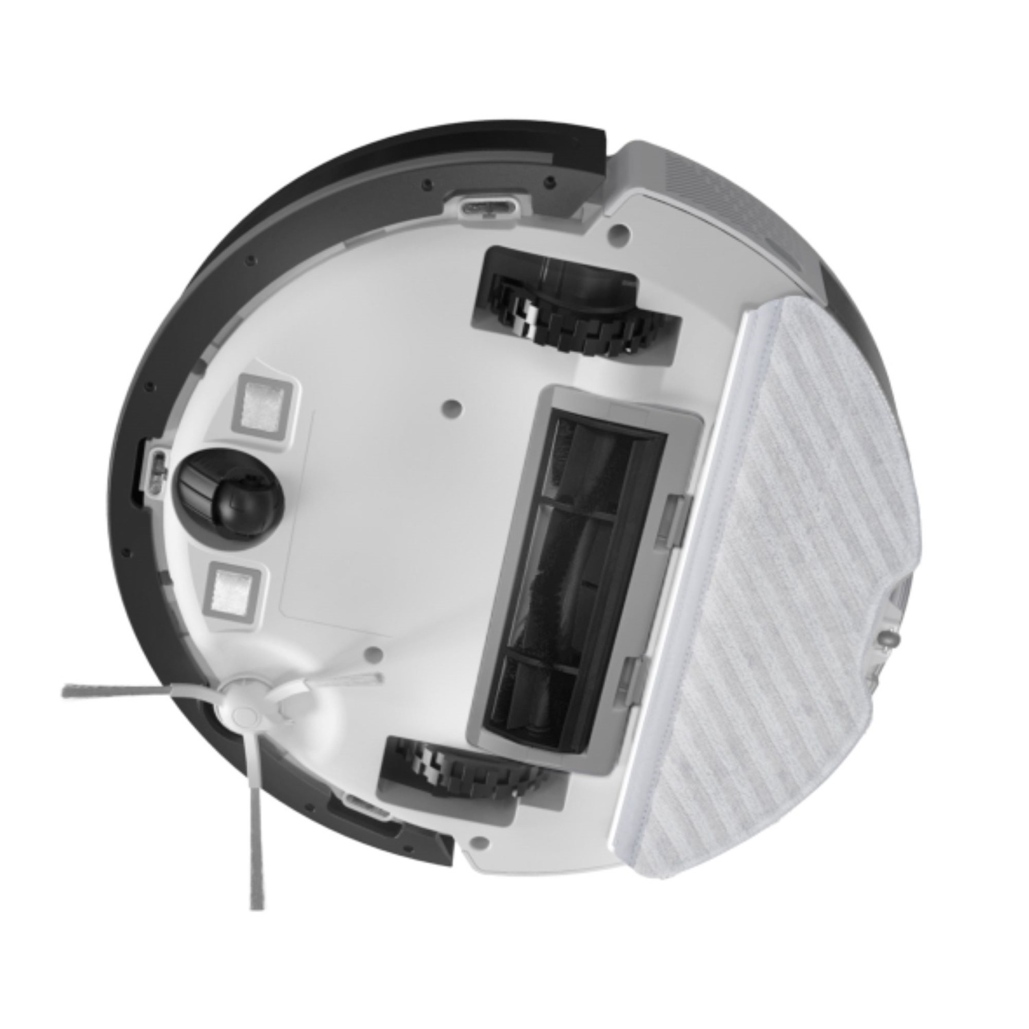 Dessous d'un aspirateur robot, blanc et noir, avec brosse et tampon de nettoyage.