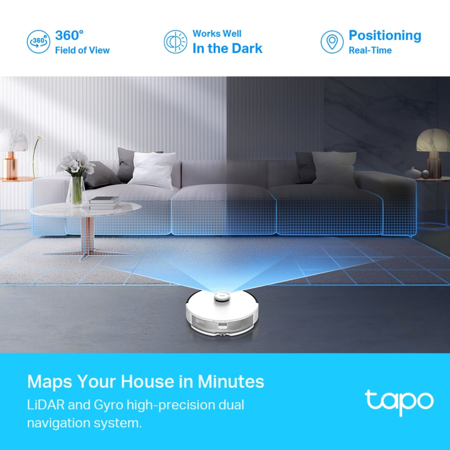 Un aspirateur robot blanc nettoyant une pièce, avec des graphiques montrant comment il navigue.