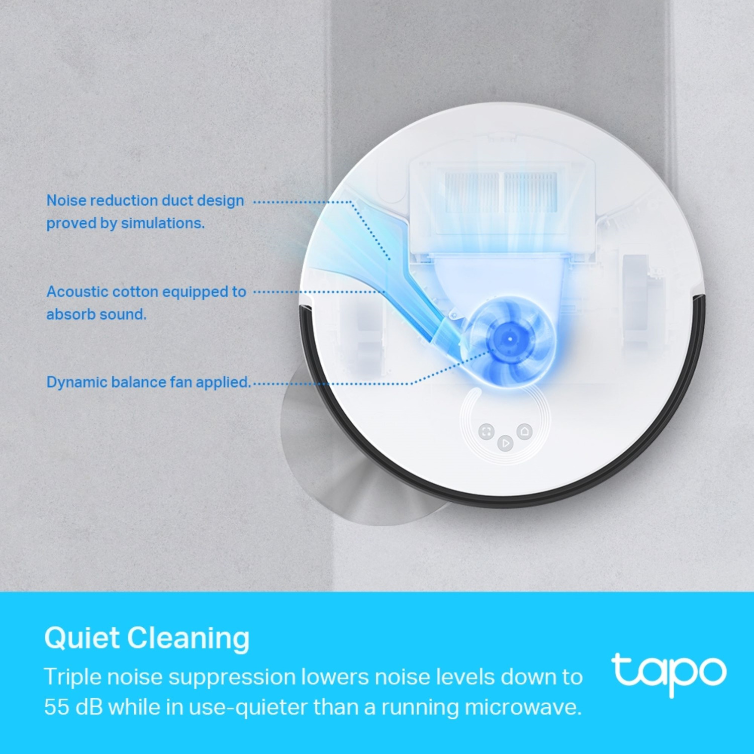 Aspirateur robot blanc, sections étiquetées avec du texte et des flèches bleues.
