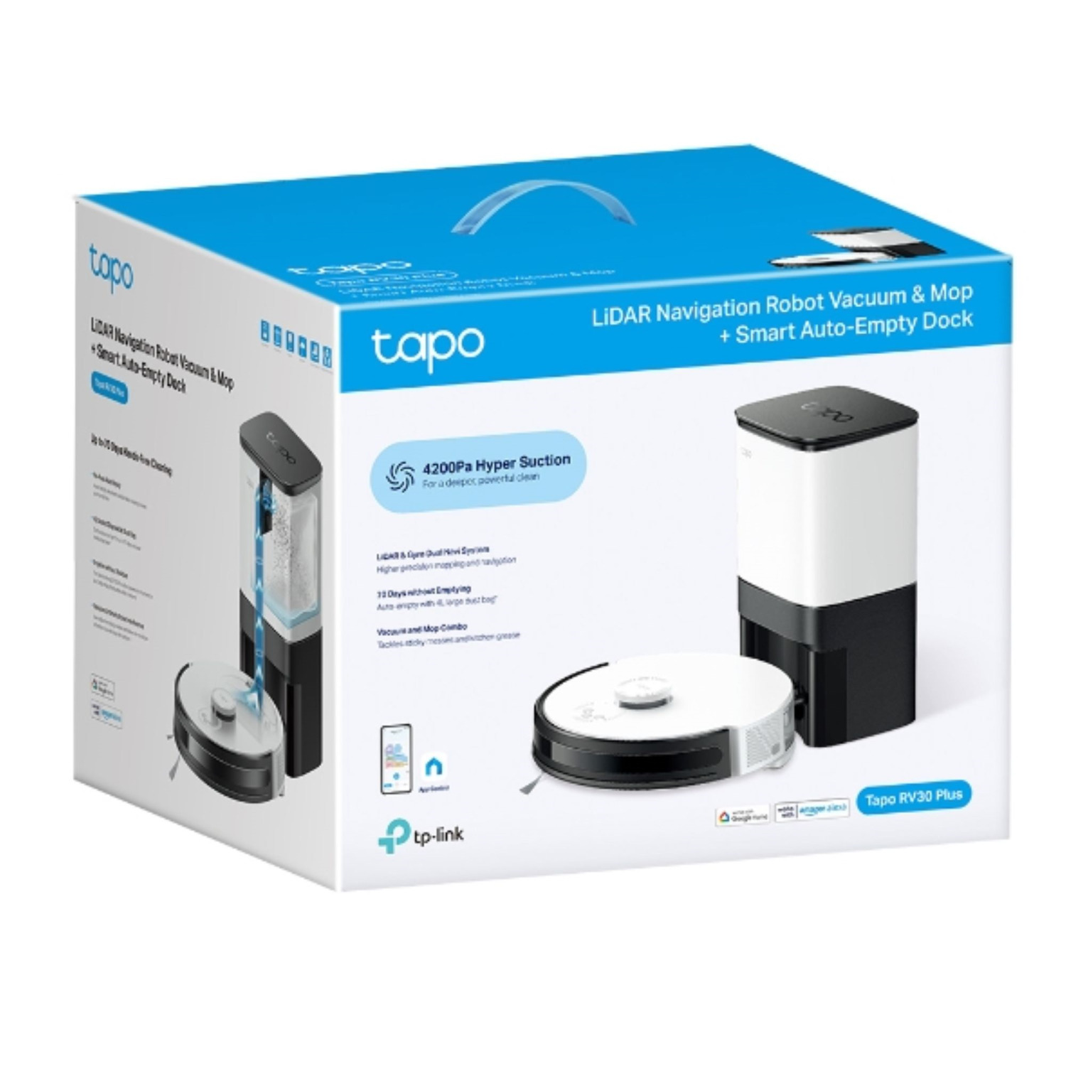 Boîte pour un aspirateur et une vadrouille robot Tapo, blanc et bleu. Montre des images du produit. Fond blanc.