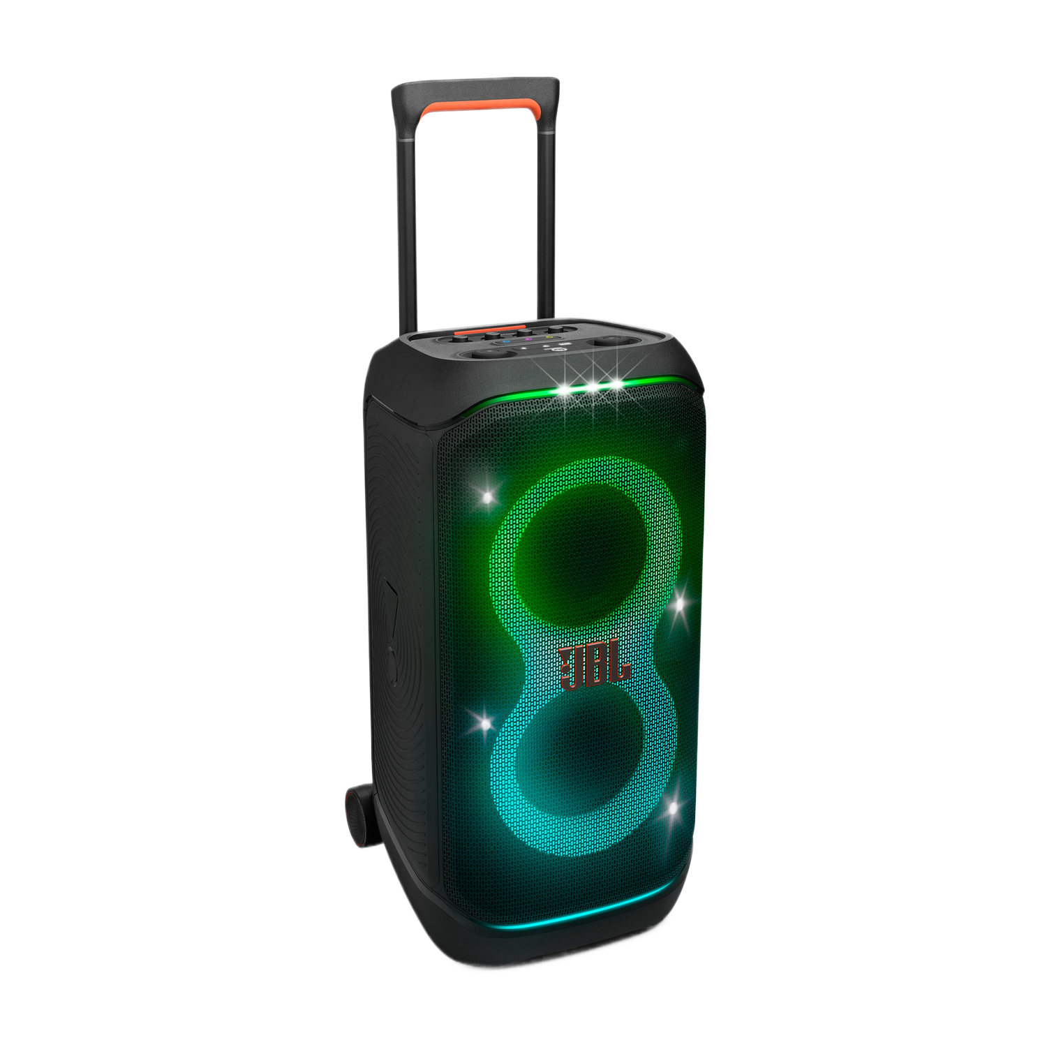 Enceinte JBL noire avec poignée et chariot. L'enceinte est illuminée de lumières vertes et orange.