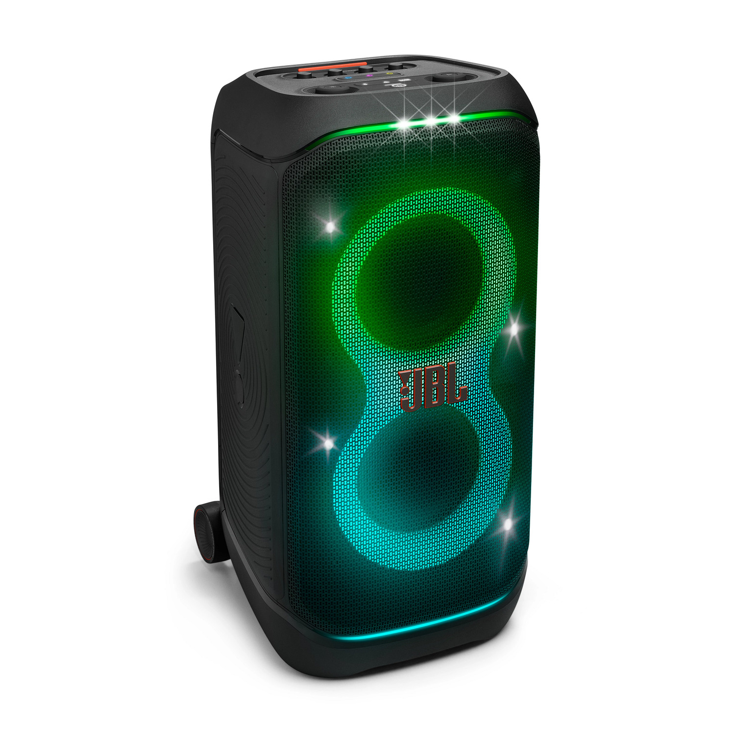 Une enceinte JBL avec un design vert et bleu lumineux.