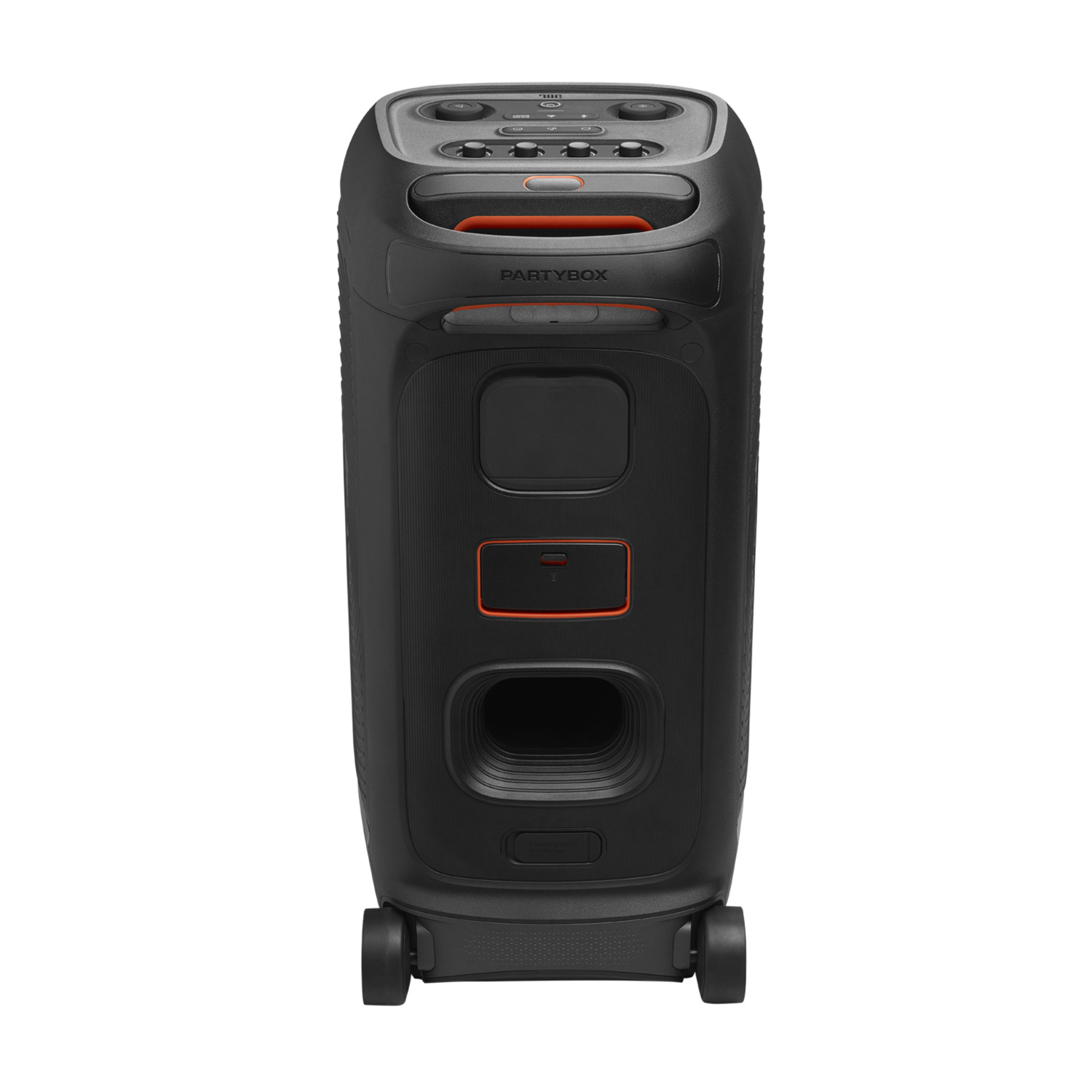 Enceinte JBL PartyBox noire avec des accents orange, des commandes visibles et des roues en bas.