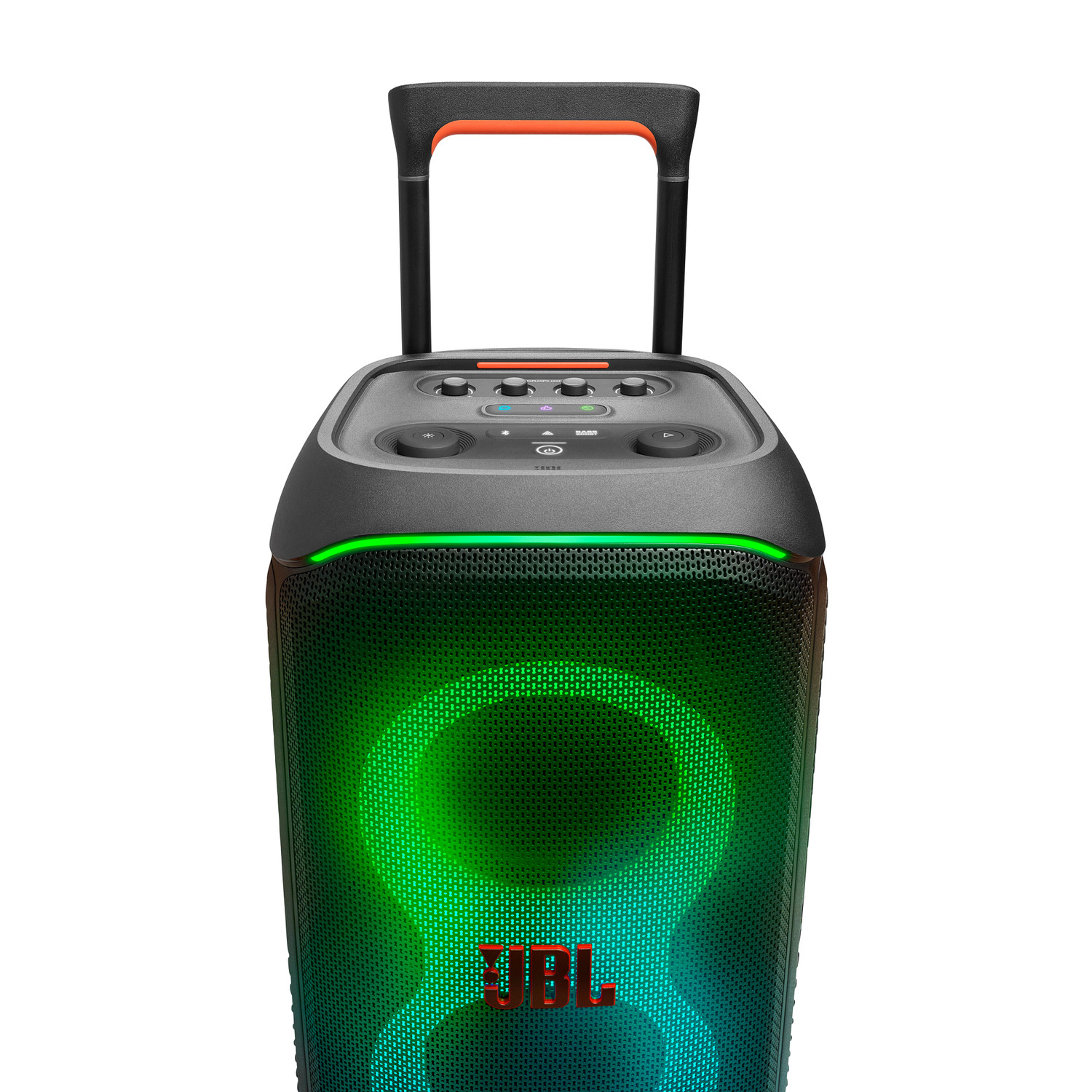 Haut-parleur JBL noir portable avec lumières vertes, poignée et boutons de contrôle.