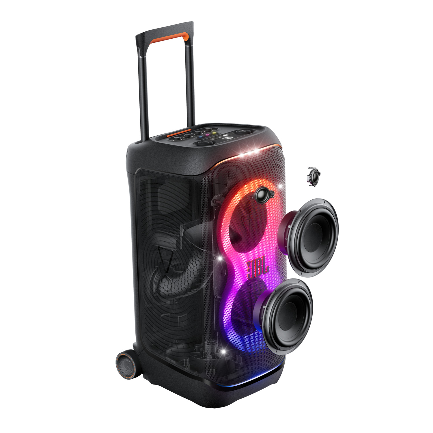 Haut-parleur JBL noir avec poignée orange et lumières rouge/bleu. Deux haut-parleurs visibles.
