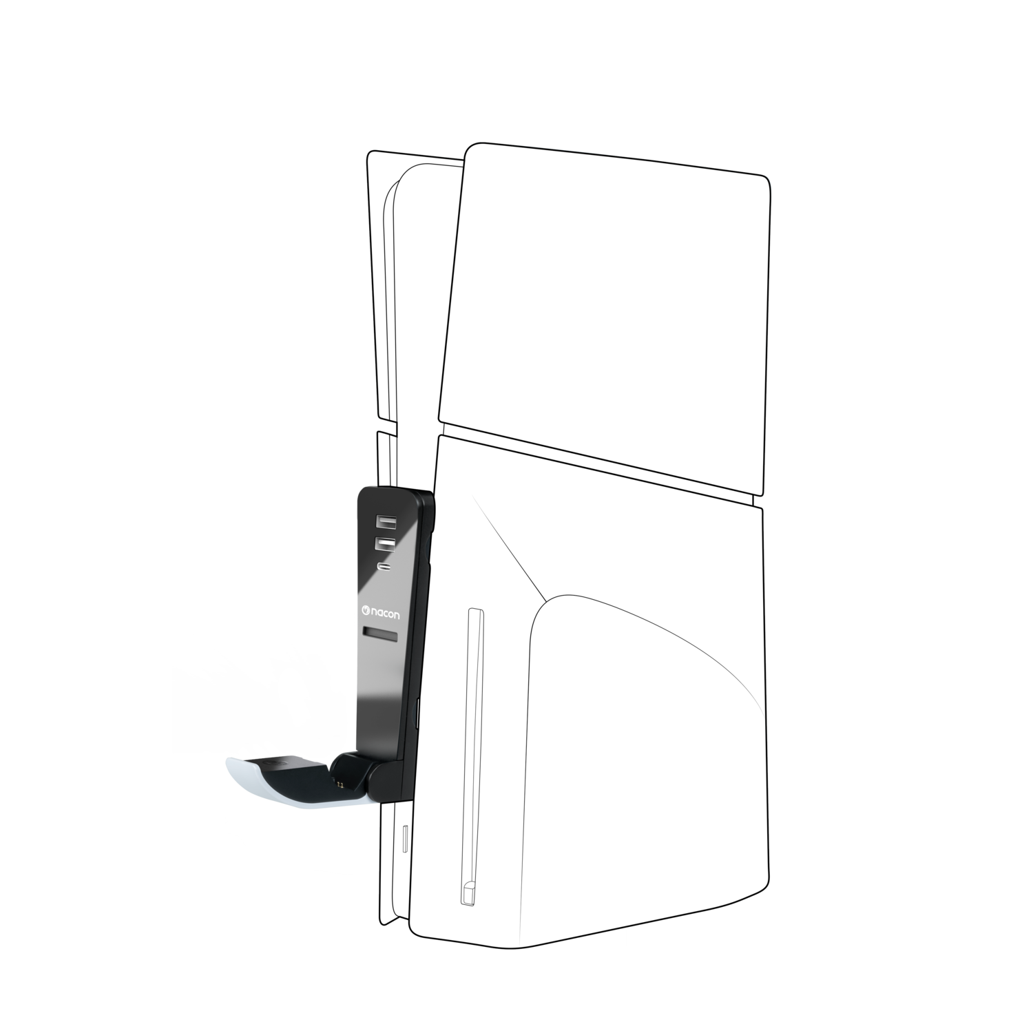 Black and white illustration of a gaming console with an accessory attached.