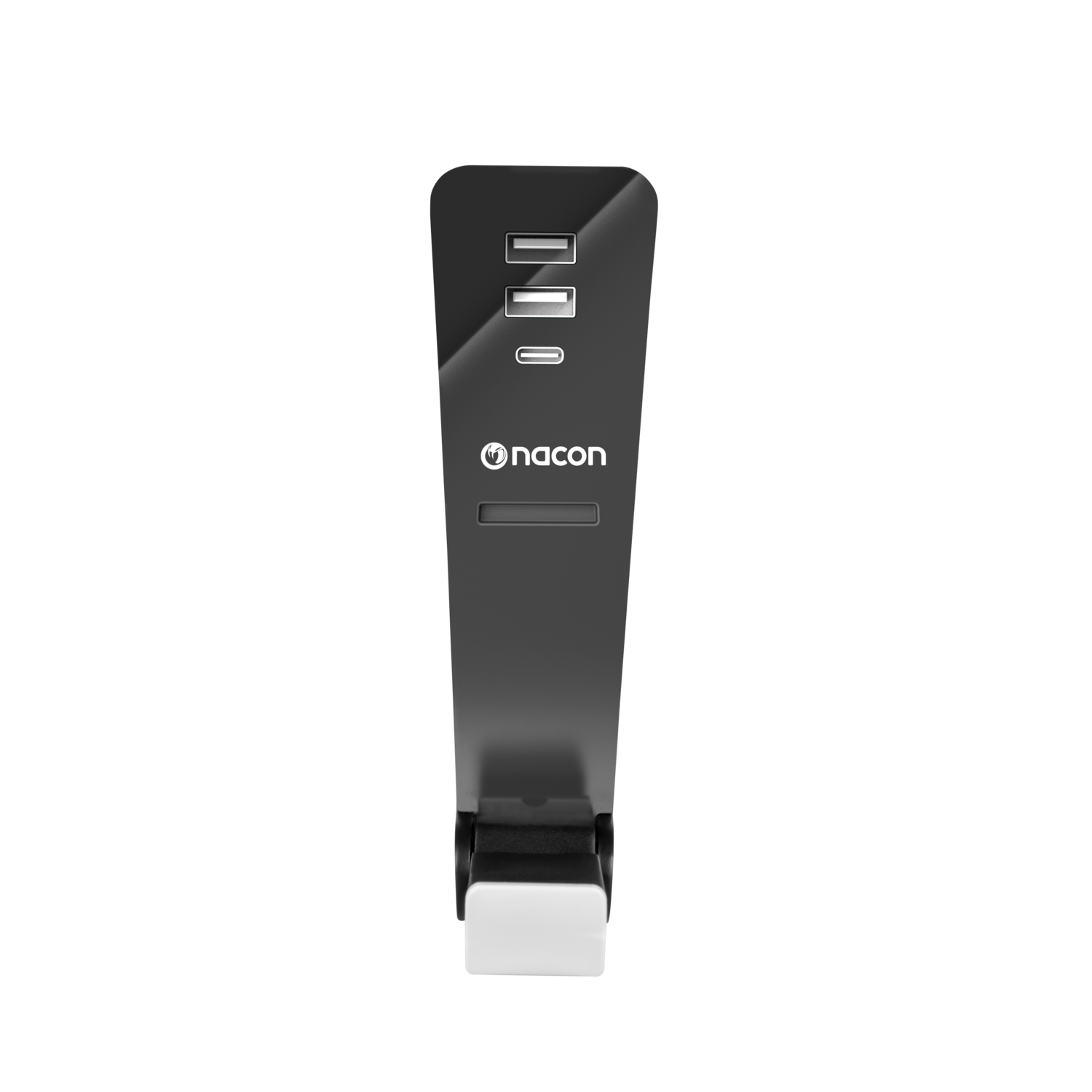 A black Nacon device with USB ports and a charging port on a black background.