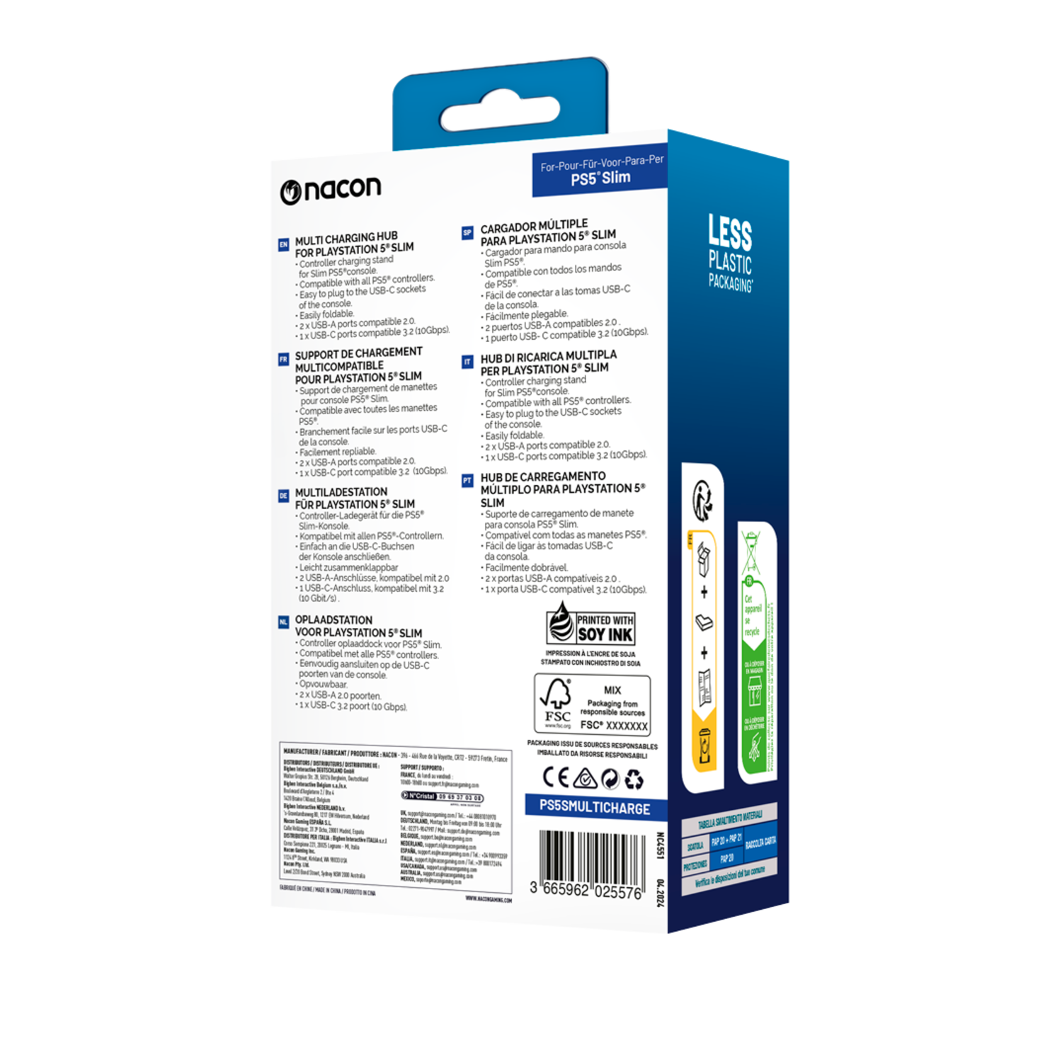 A product box for a multi-charging hub for PS5 Slim, with text and graphics.