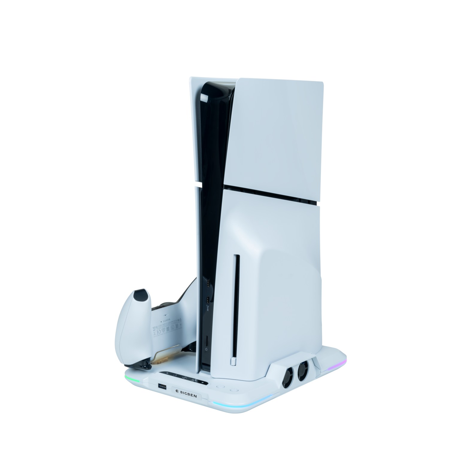 A white gaming console with a controller, with a black background. 