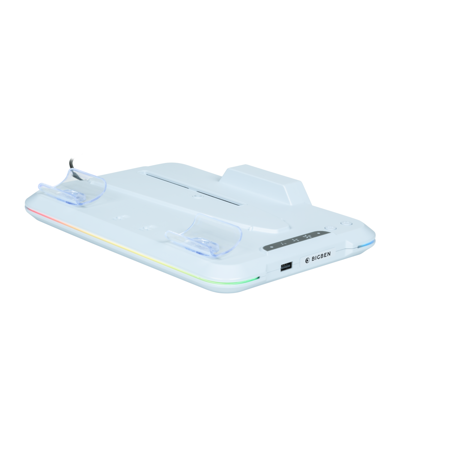 White Bigben charging station for game controllers. Rainbow light around edge. Black background.