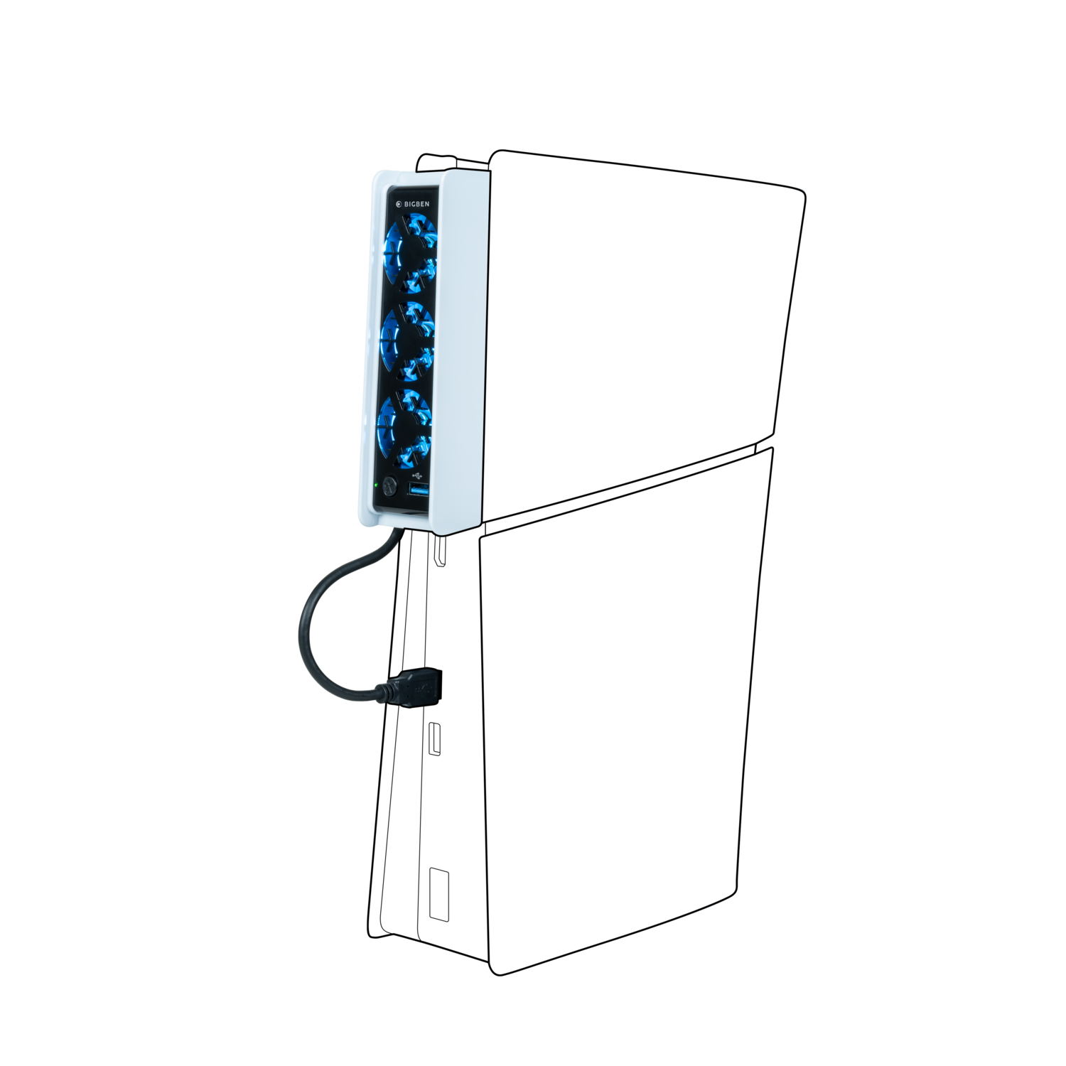 A white device attached to a black console. It has blue lights. Black background.