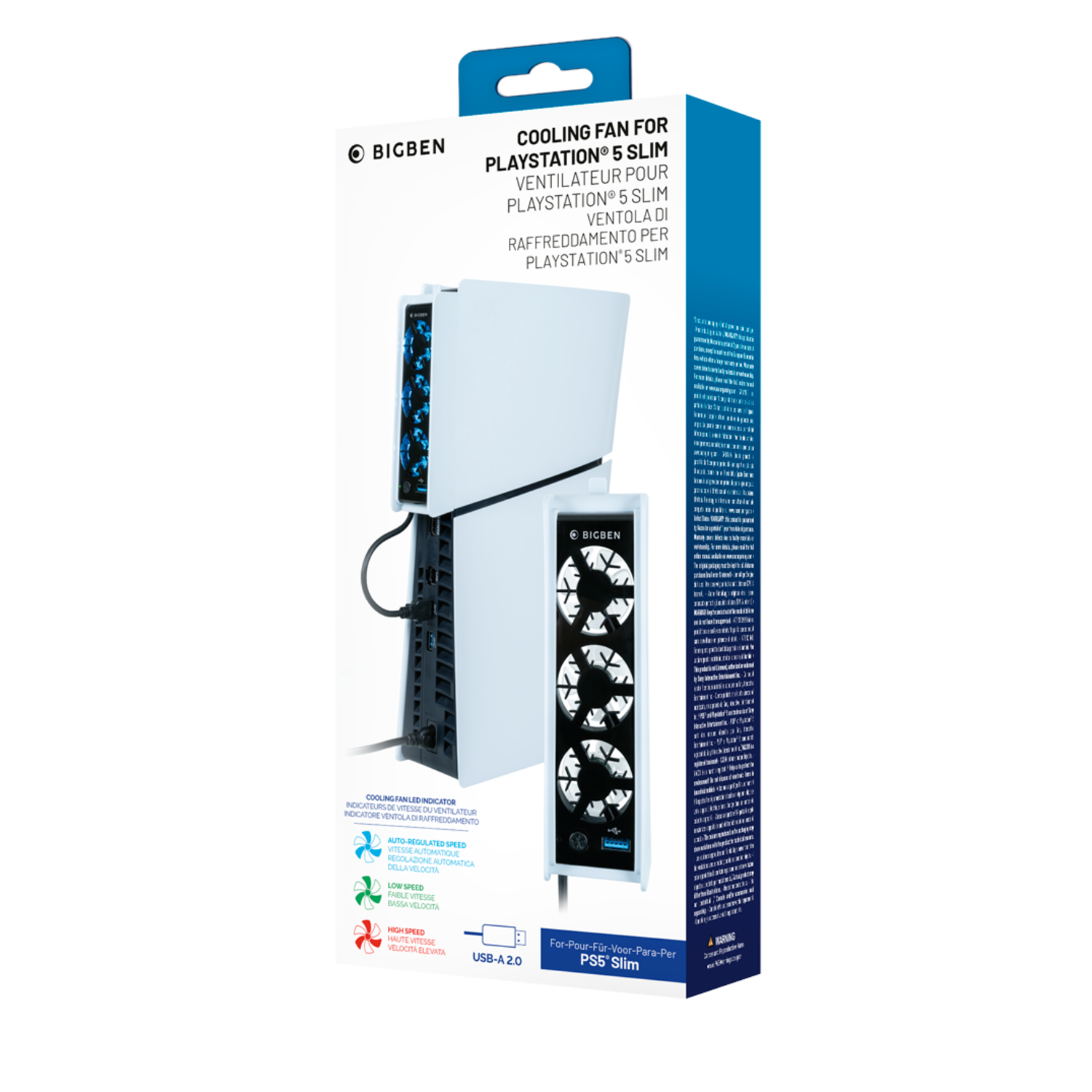 Packaging box for a PS5 Slim cooling fan. White and blue colors.