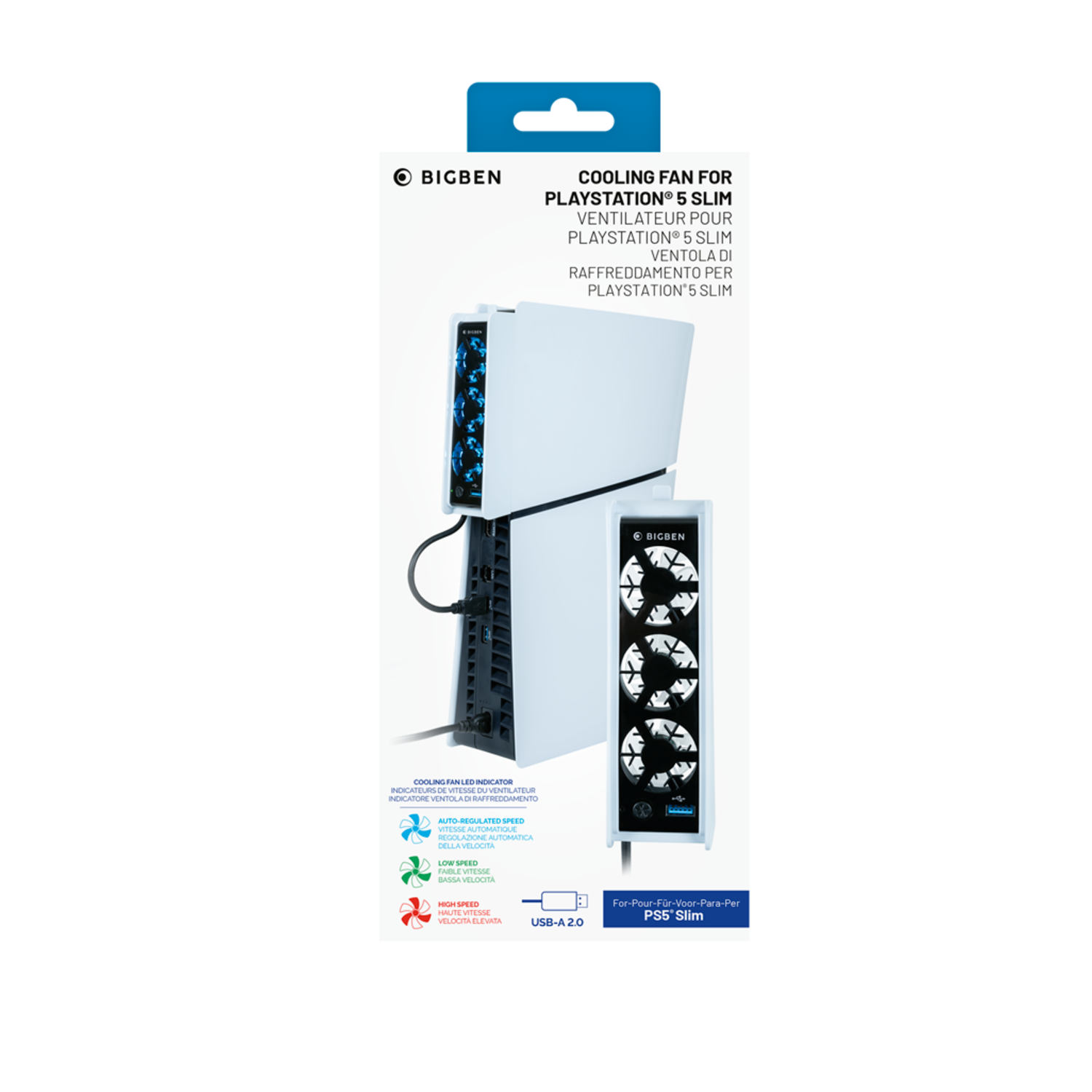 White and black cooling fan for PlayStation 5 Slim. Box with text.