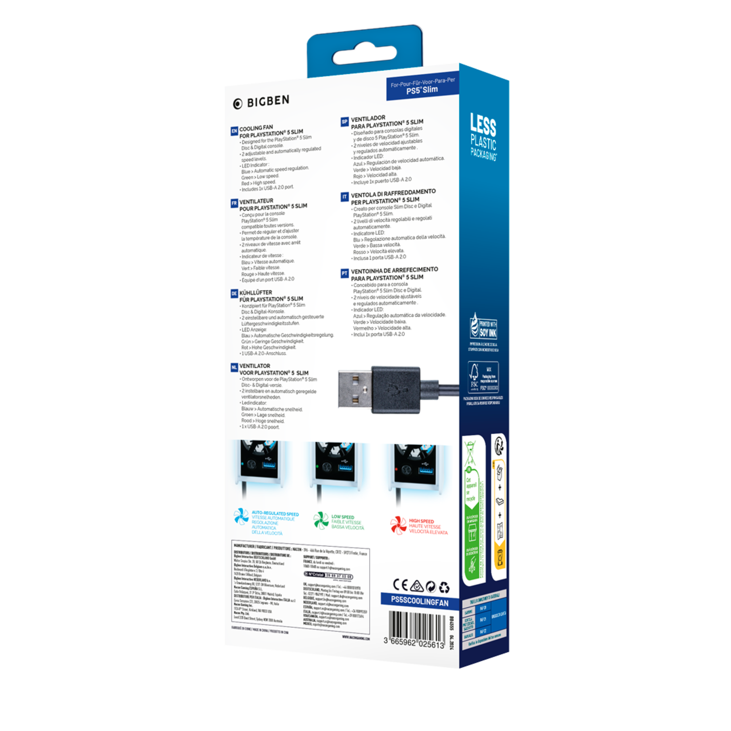 Back of the box for a Playstation 5 slim cooling fan with text.