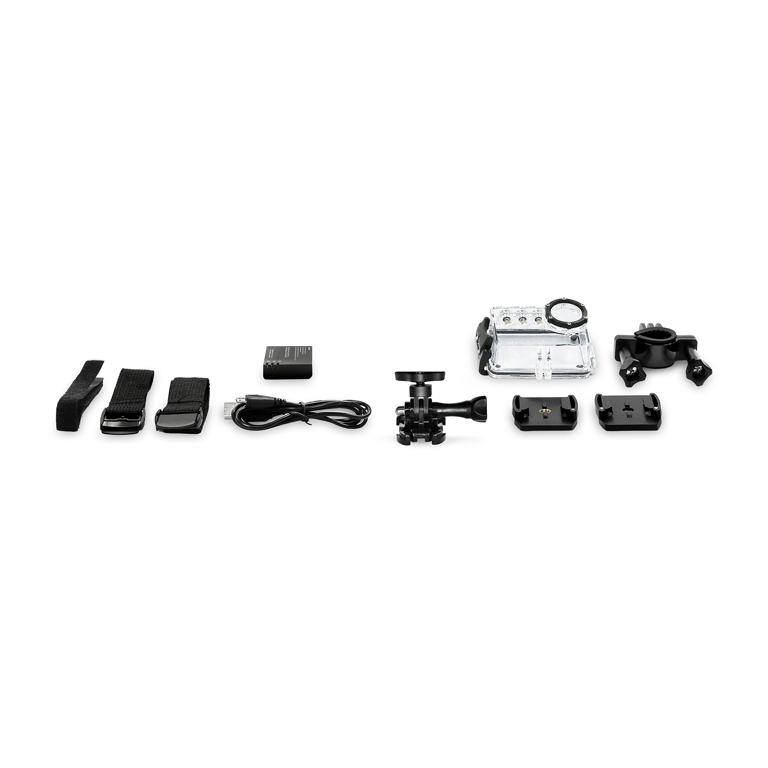 Una collezione di accessori per action cam: cinghie, custodia, batteria, cavo, supporti e un'impugnatura.
