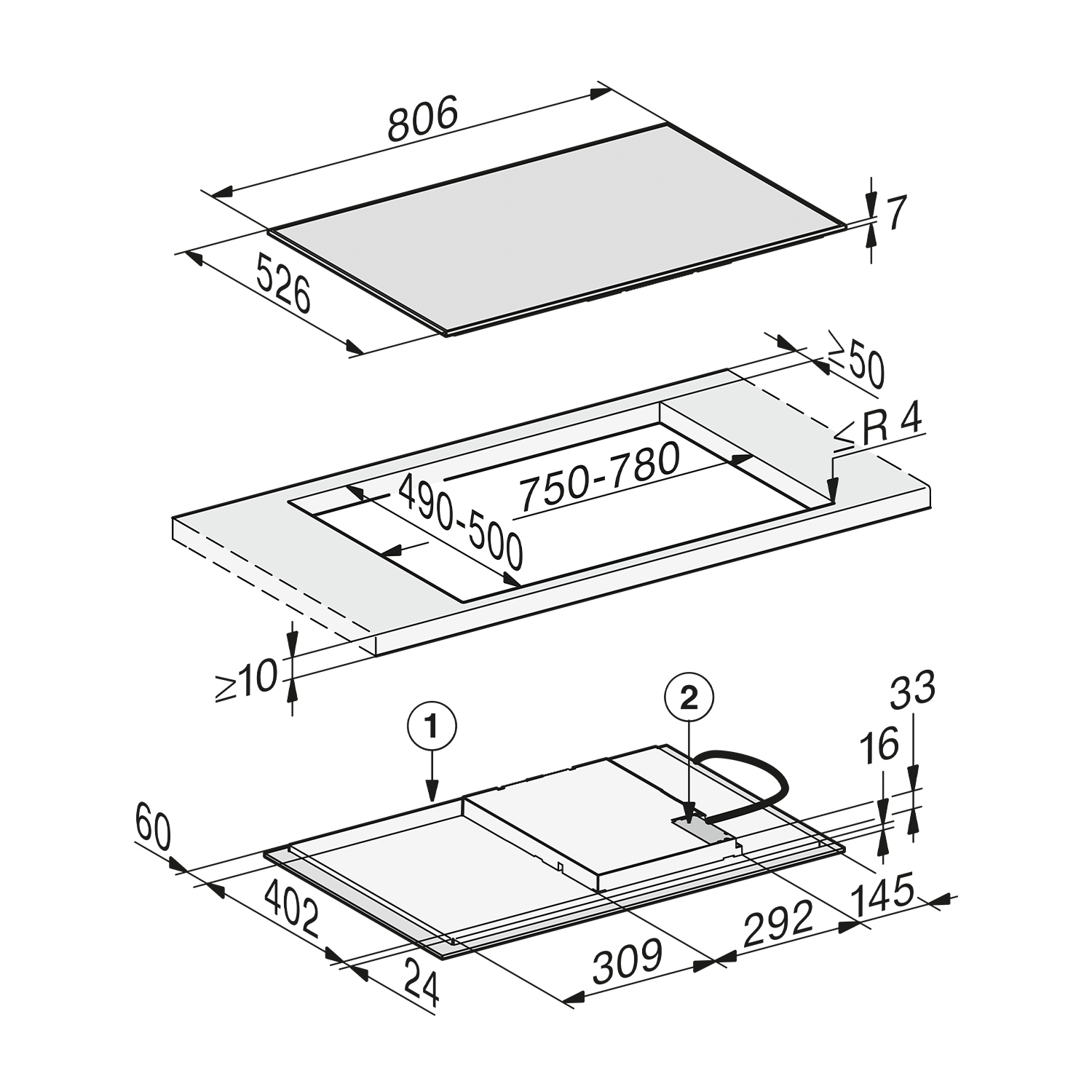 Schema di un piano cottura integrato con dimensioni ed etichette. Grigio e bianco su sfondo bianco.