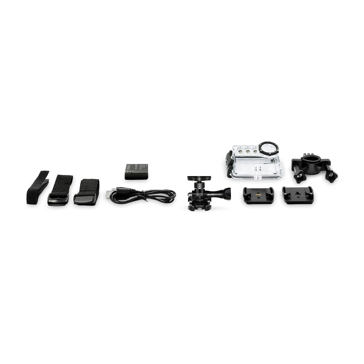 Accessori per action cam: cinghie, batteria, cavo di ricarica, supporti e custodia impermeabile.