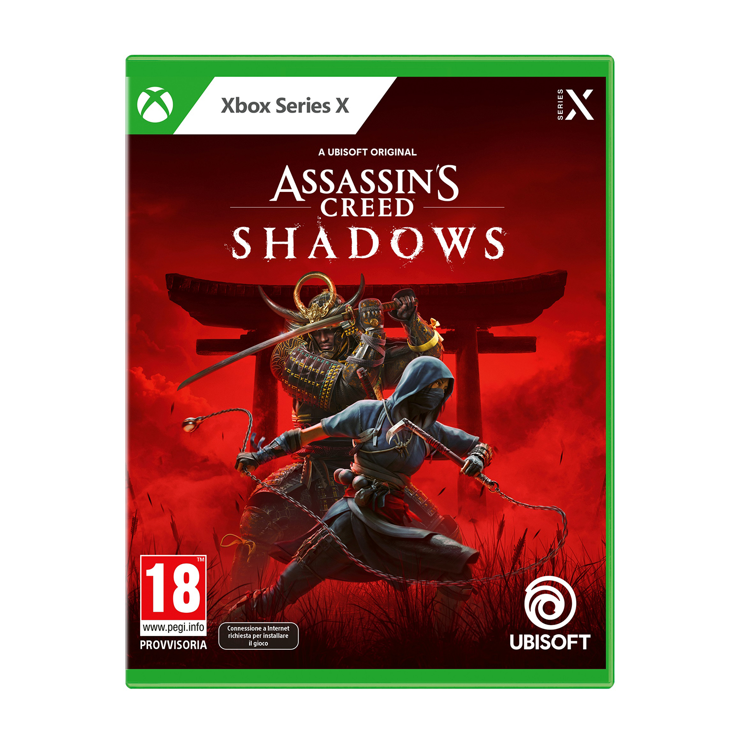 Artwork della confezione del gioco Assassin's Creed Shadows. Samurai e ninja si affrontano su sfondo rosso.