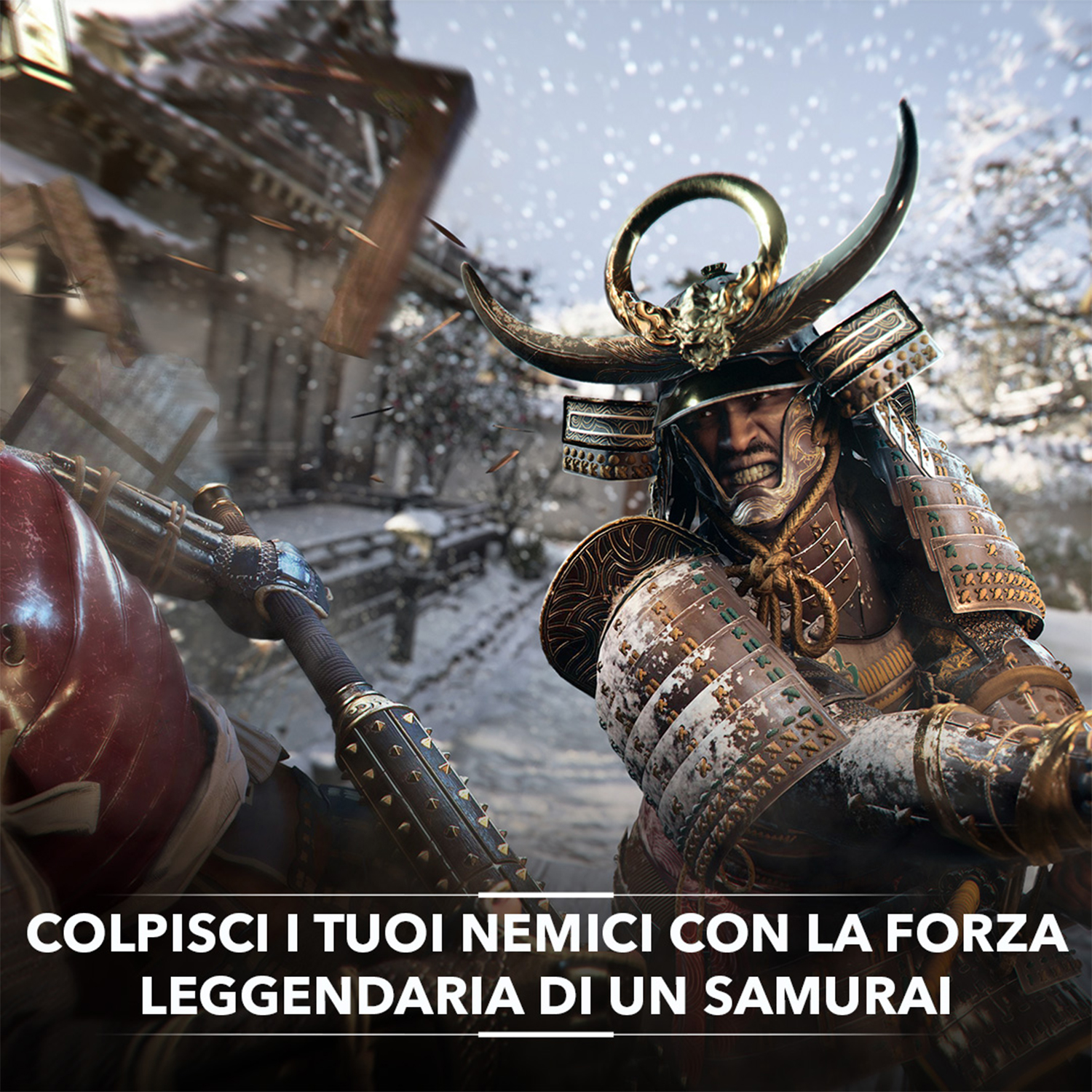Samurai in armatura, pronto per la battaglia. Sfondo con una scena innevata e un edificio.
