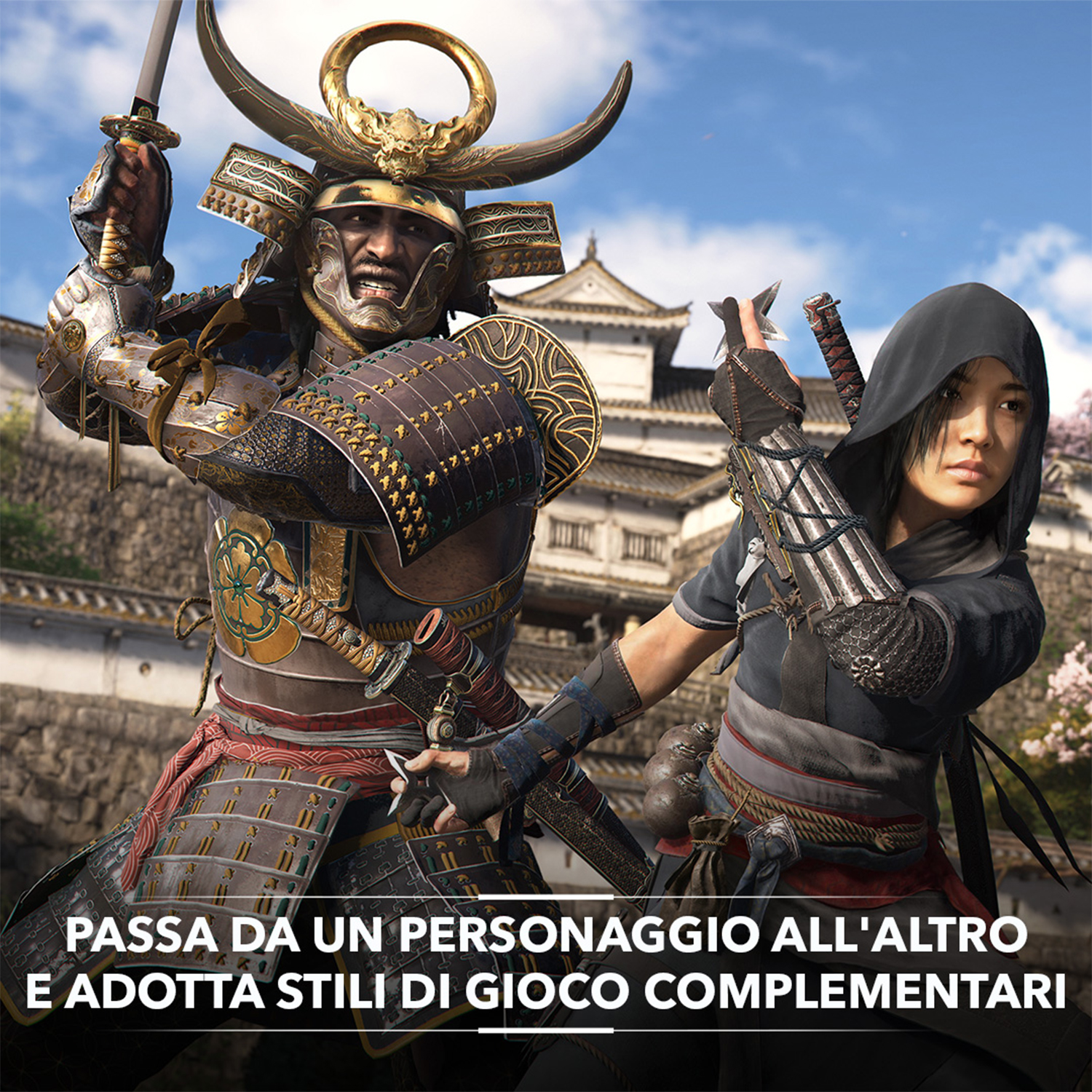 Personaggi samurai e ninja da un videogioco, di fronte a un castello.