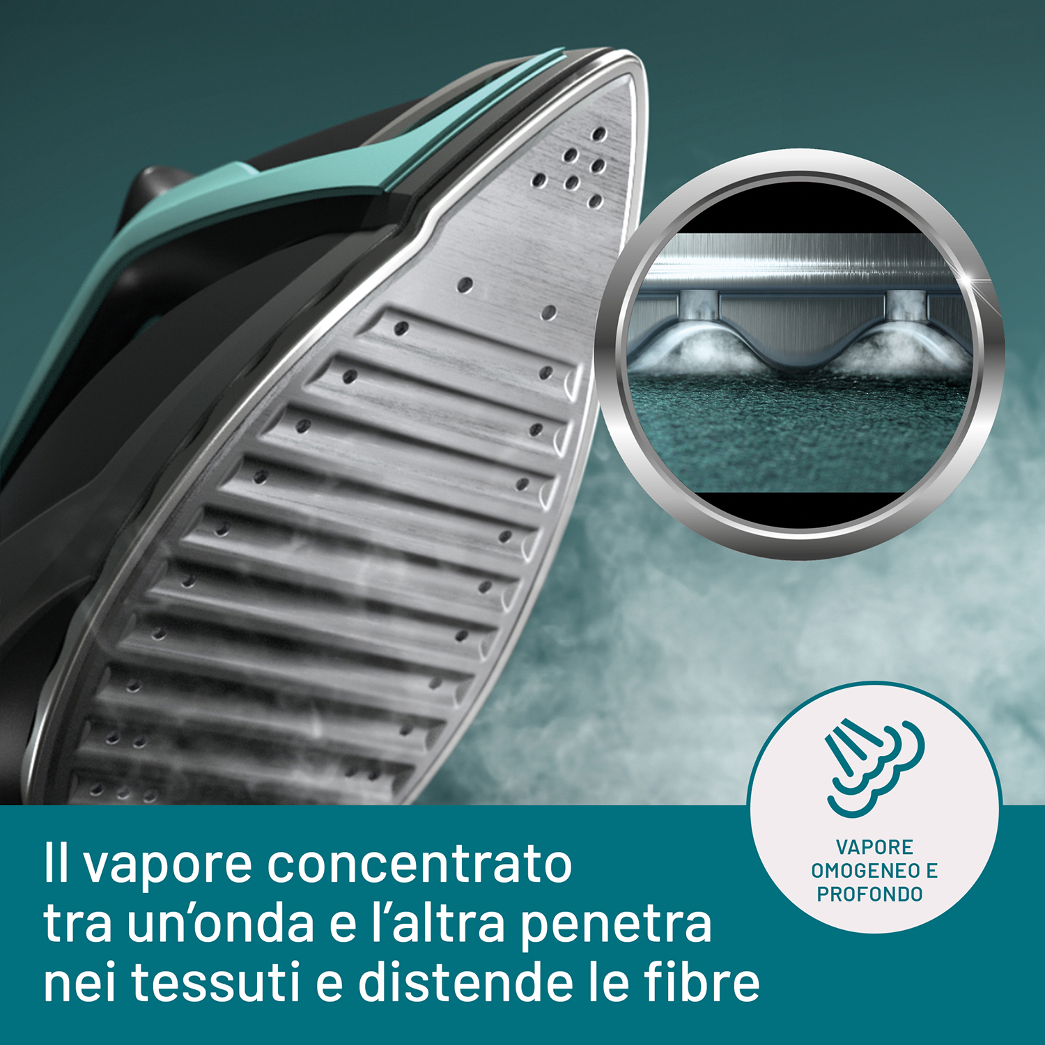 Ferro da stiro, primo piano, con vapore acqueo che esce.
