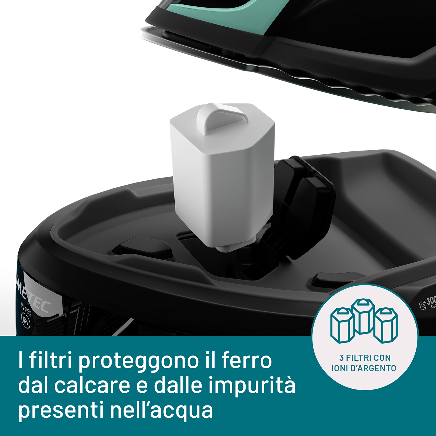 Un filtro per l'acqua bianco con base nera e testo in italiano.