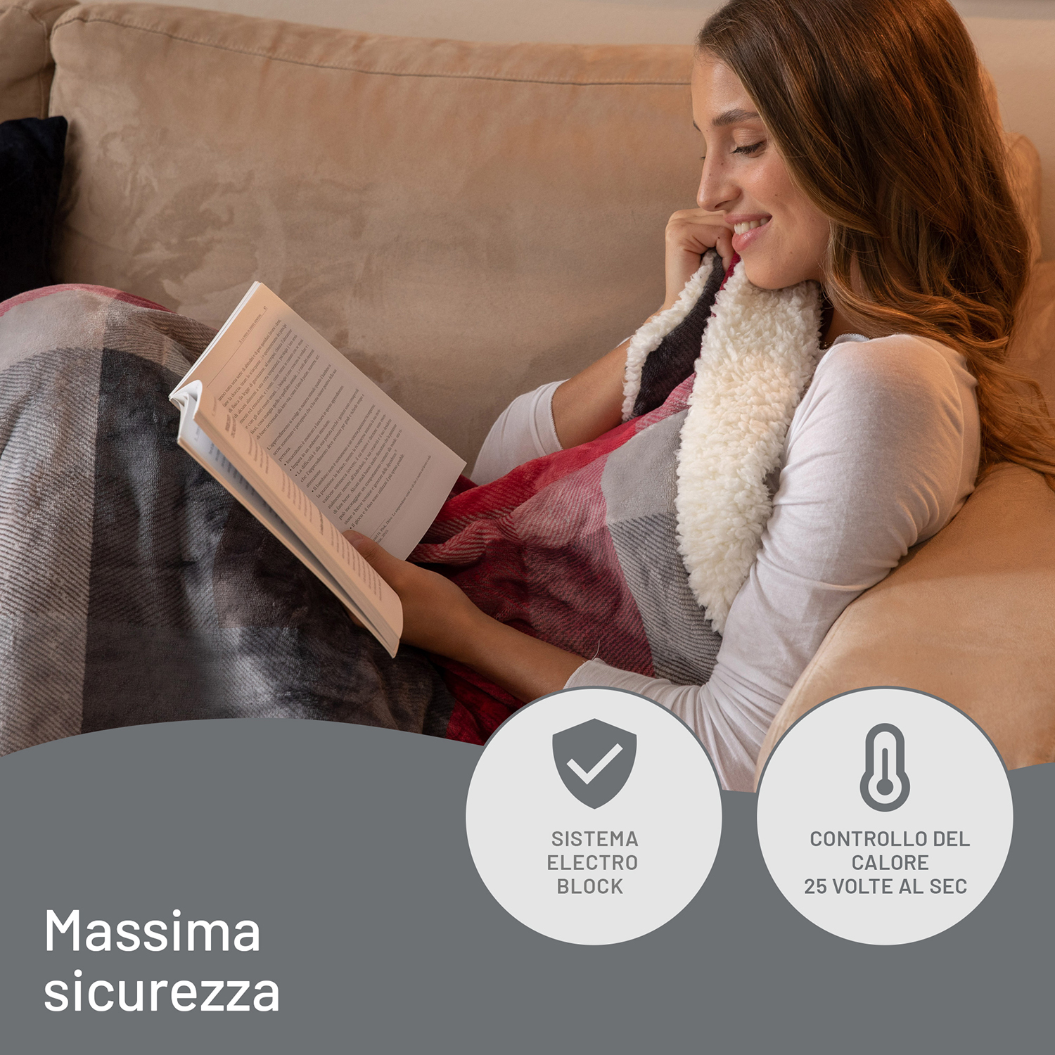 Donna che legge un libro su un divano, con testo sulla sicurezza e il controllo.