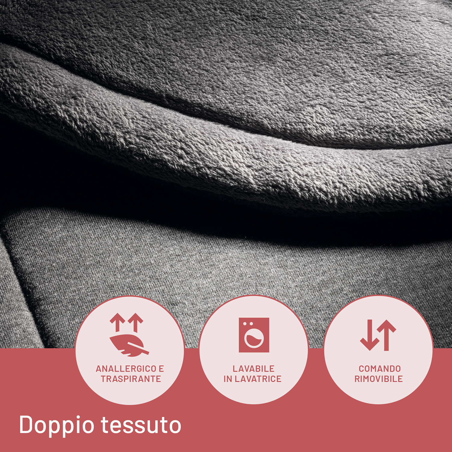 Primo piano di tessuto grigio con testo e icone che indicano che è anallergico, lavabile e rimovibile.