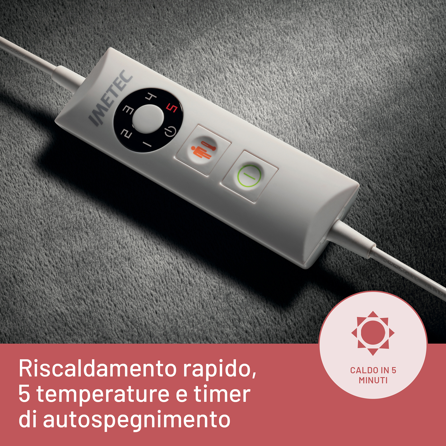 Regolatore per termoforo bianco con pulsanti e testo. Testo e icona circolare rossa presenti.