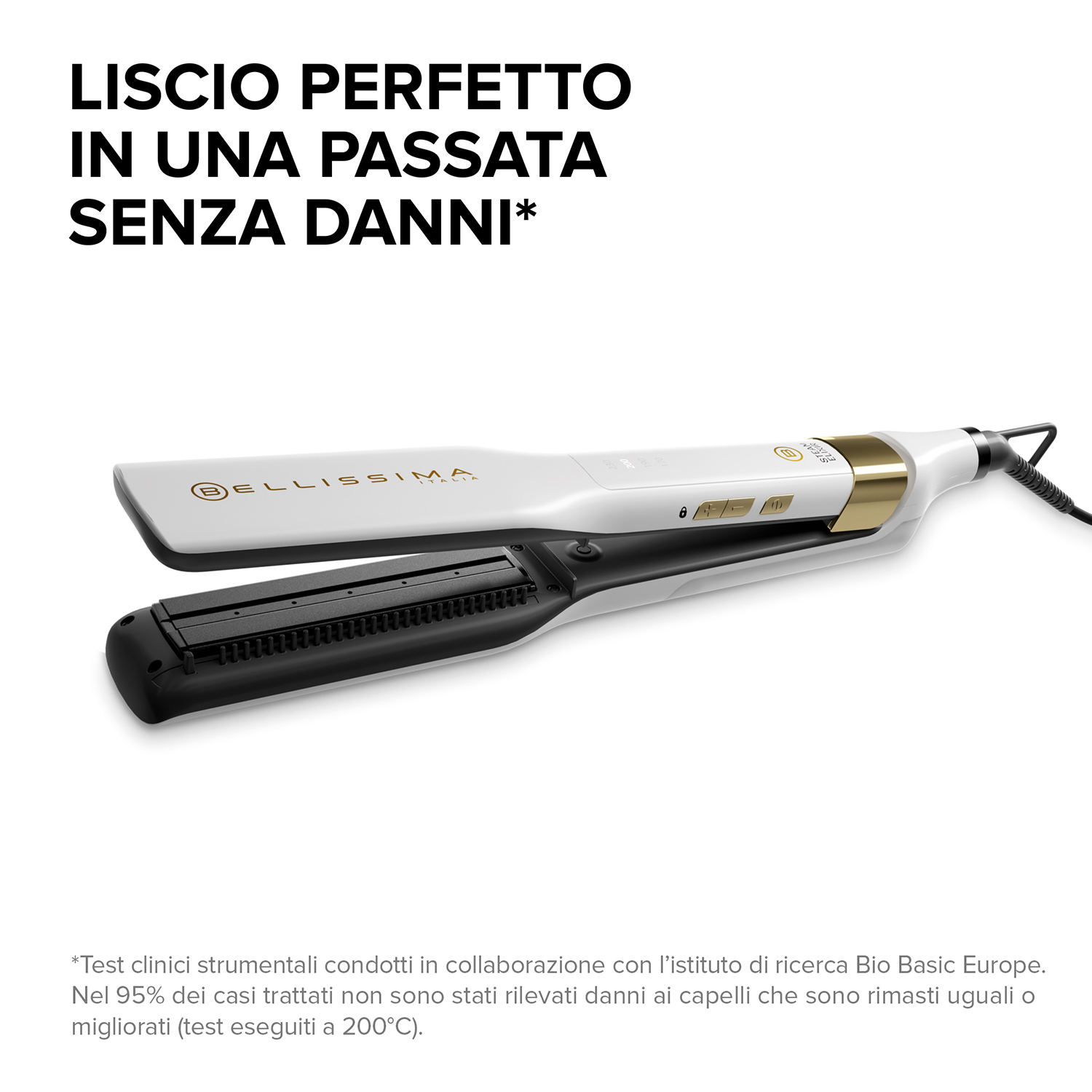 Piastra per capelli bianca e oro con testo in alto. Su superficie bianca, testo sotto.