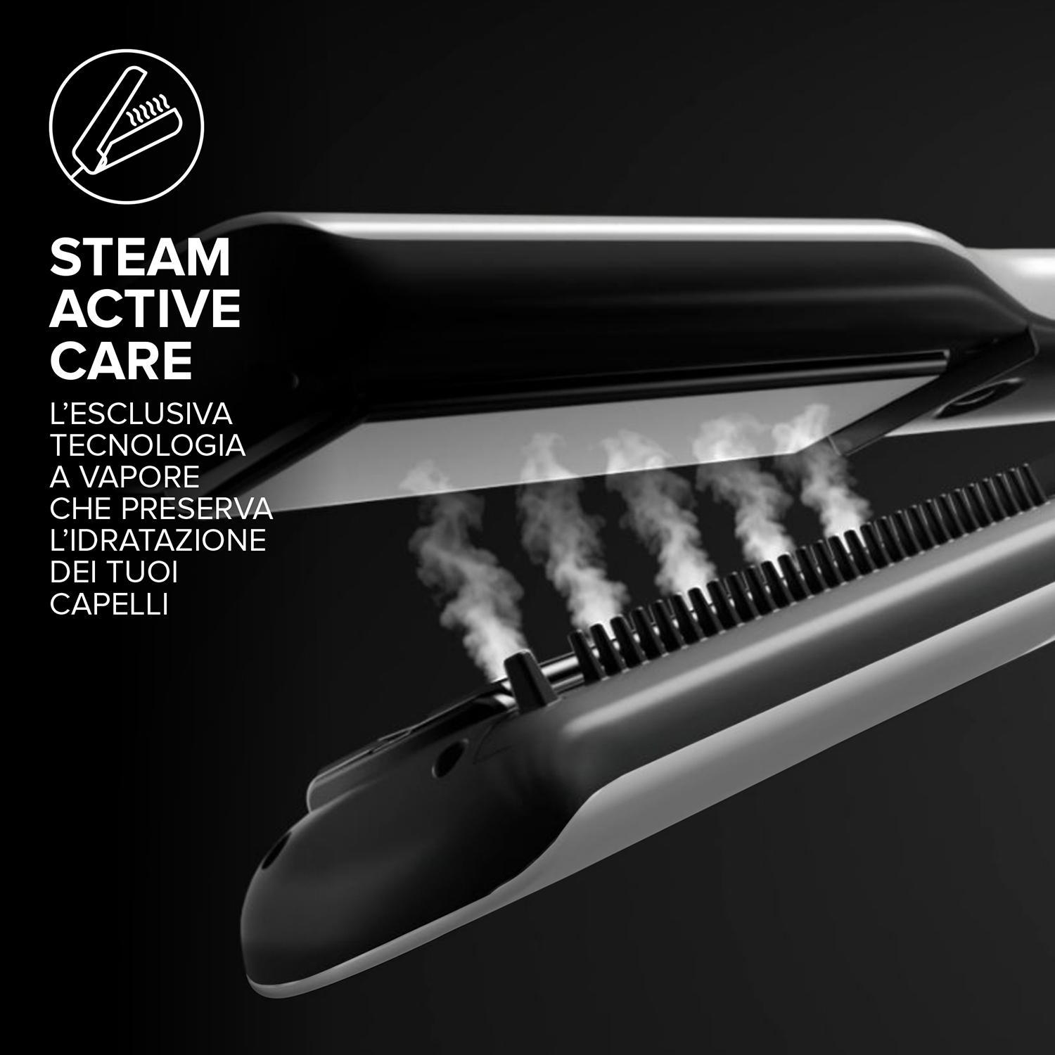 Piastra per capelli con vapore, testo 'Steam Active Care' in inglese e italiano.