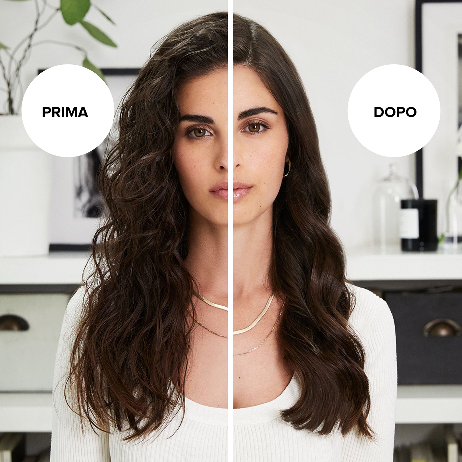 Capelli di donna prima e dopo lo styling. Il lato destro è liscio, il sinistro ondulato.
