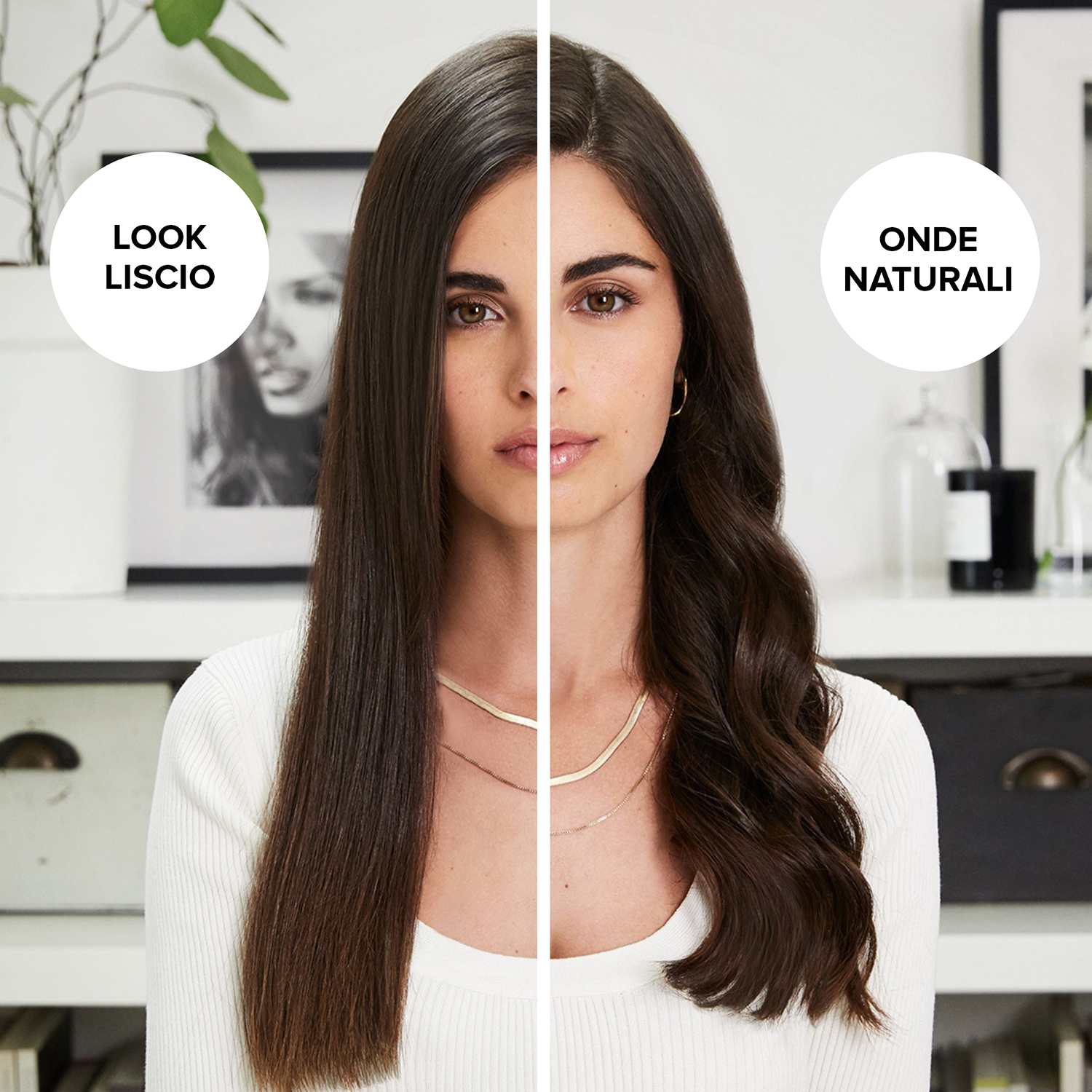 Donna con capelli lisci e mossi. I testi recitano "LOOK LISCIO" e "ONDE NATURALI".
